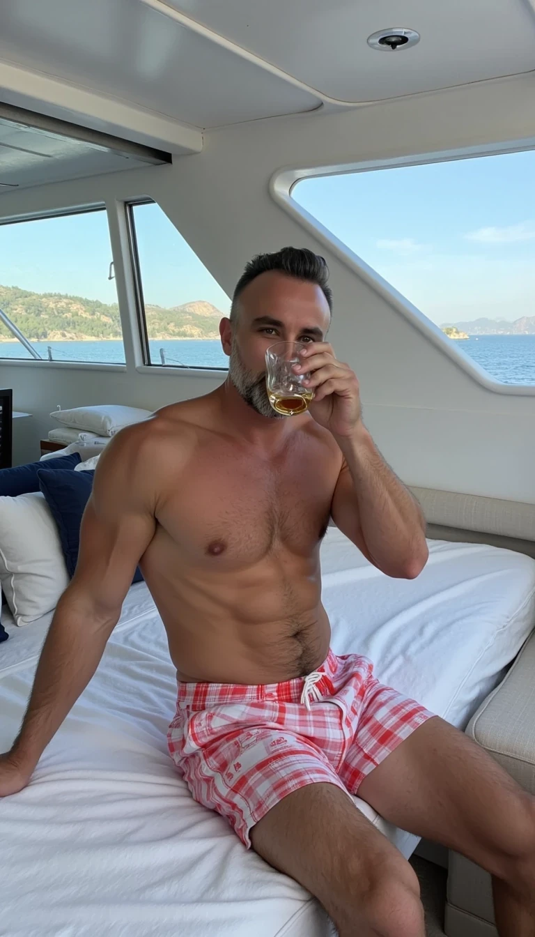 boring low quality snapchat photo circa 2015. Photo of a buff fit man. He’s wearing board shorts on a billion dollar yatch. He’s drinking a glass of whiskey. He is looking at the camera