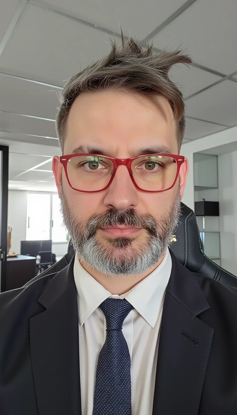 The face are not similar to the model i train... make him more realistic and similar. Businessman, He is wearing a suit and modern red Ray-Ban reading glasses. Slim but muscular build. He is facing the camera directly, as if posing for a LinkedIn profile picture. He looks like a CEO of a huge corporation.