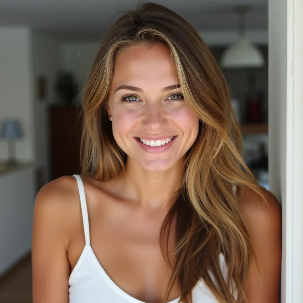cute woman, soft light brown hair, beatifull smile