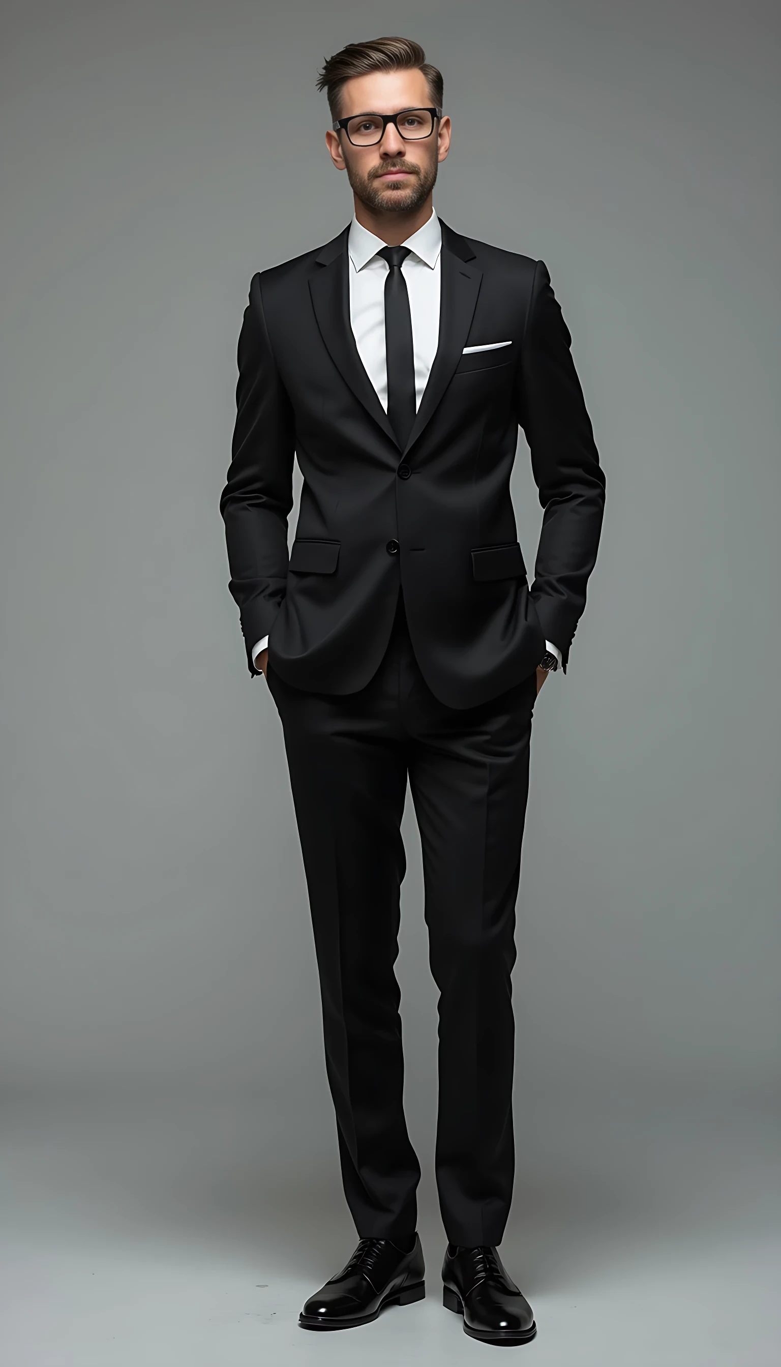 Full body image. wearing a modern and expensive fashion outfit. He is wearing a suit and modern reading glasses. Slim but muscular build. He is facing the camera directly, as if posing for a LinkedIn profile picture. He looks like a CEO of a huge corporation. His forehead is not that large.