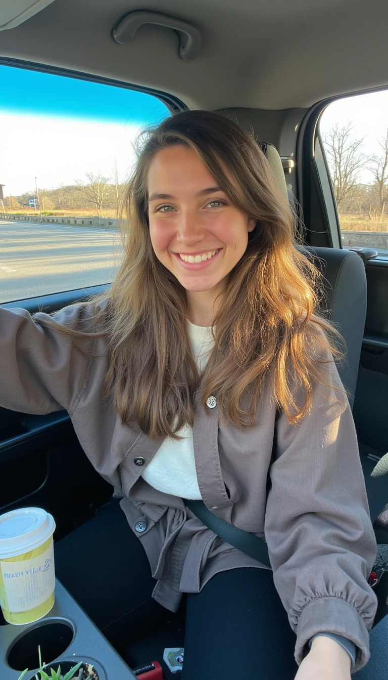 boring low quality snapchat photo circa 2015, A young woman with a warm smile, sitting in the driver's seat of a cozy car. She has soft, wavy brown hair cascading past her shoulders. The sunlight streams through the window, casting a gentle glow on her face. The interior of the car is neat and comfortable, with a coffee cup in the cup holder and a small plant on the dashboard. The background outside the window shows a scenic road lined with trees and blue skies