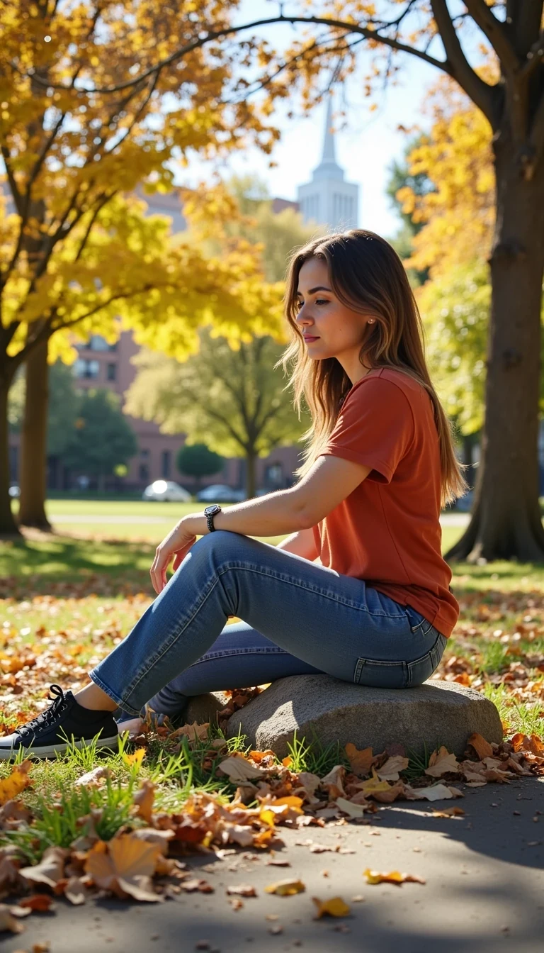 photo of woman CSTMDL, sitting at a park bech