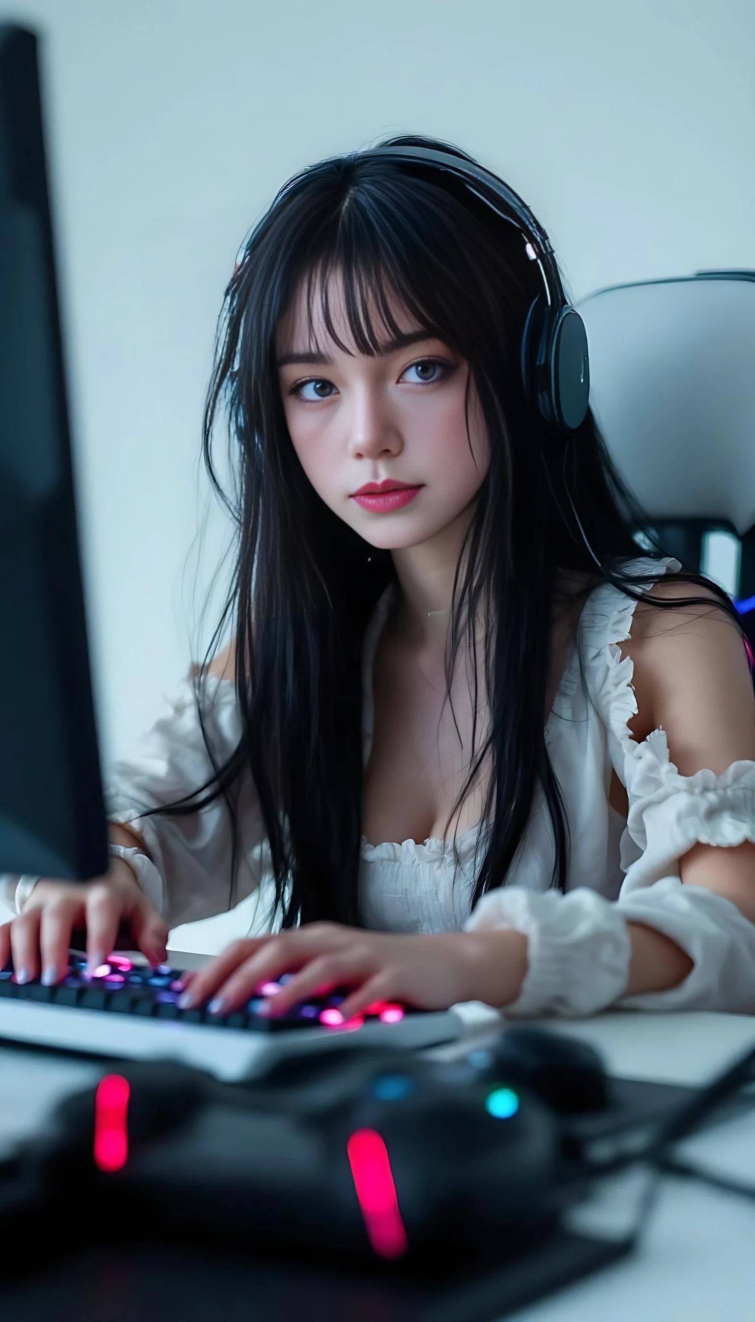 A gamer girl with long black hair and blue eyes, sitting at a white Lian Li gaming setup, hands on keyboard, facing forward with a focused look, soft bright lighting, clean studio background.


negative prompt:  blurry, low resolution, low quality, distorted face, extra limbs, extra fingers, missing fingers, deformed hands, unnatural skin texture, overexposed, underexposed, bad anatomy, disfigured, mutated, duplicate face, fused limbs, exaggerated features, unrealistic eyes, anime style, cartoon, doll-like, glitch, watermark, text, logo, grain, noisy background, jpeg artifacts, lens distortion, fisheye,deformed hands, extra fingers, missing fingers, double face, bad anatomy, blurry face, disfigured, bad proportions, low quality, artifact, mutated limbs, asymmetrical eyes, face distortion, incorrect lighting, extra limbs

