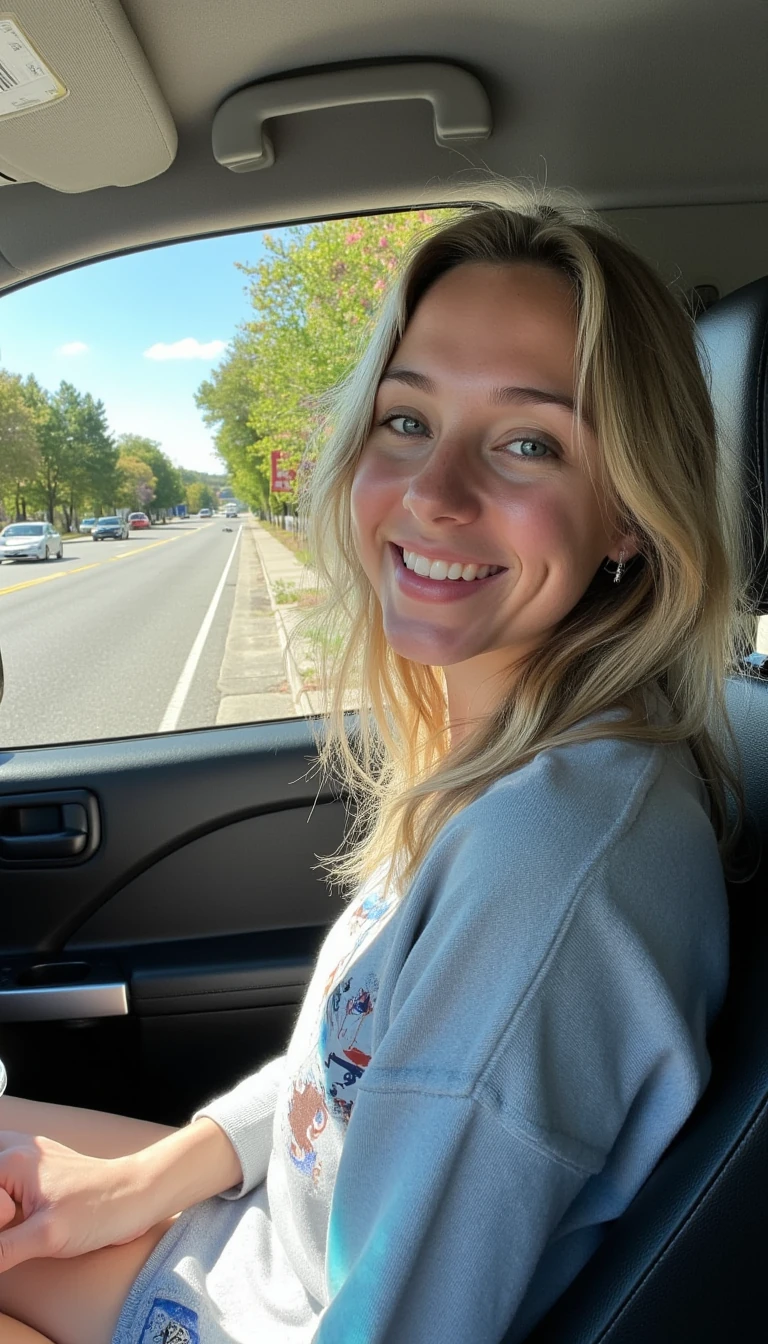 A young woman with a warm smile, sitting in the driver's seat of a cozy car. She has soft, wavy blonde hair cascading past her shoulders. The sunlight streams through the window, casting a gentle glow on her face. The interior of the car is neat and comfortable, with a coffee cup in the cup holder and a small plant on the dashboard. The background outside the window shows a scenic road lined with trees and blue skies