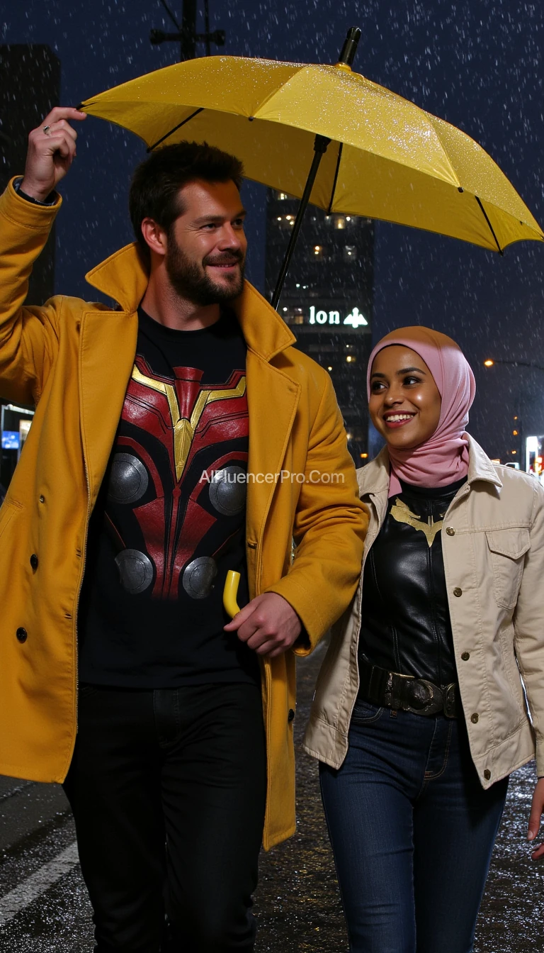 "Create a photorealistic image of a man resembling Chris Hemsworth, walking through the rain on a dark city street. He is wearing a yellow coat, holding it up with one hand, while his partner holds the edge of the coat with the other hand, using it as an improvised umbrella to shield them from the rain. Underneath the yellow coat, he wears a t-shirt with the iconic design of Thor's superhero costume, featuring red, gold, and silver details. The background features a glowing hotel with tall buildings. The man has a neat beard, strong jawline, and soothing blue eyes. He is wearing black trousers. His partner, a woman resembling Halle Berry, has a radiant smile and is wearing a pink hijab, a white jacket, and jeans. Under her jacket, she wears a t-shirt with the iconic design of Catwoman’s superhero costume, featuring sleek black leather with a cat-eye mask detail. Both smile at each other. The wet street reflects the shimmering hotel lights, creating a romantic, cinematic atmosphere in the rain."