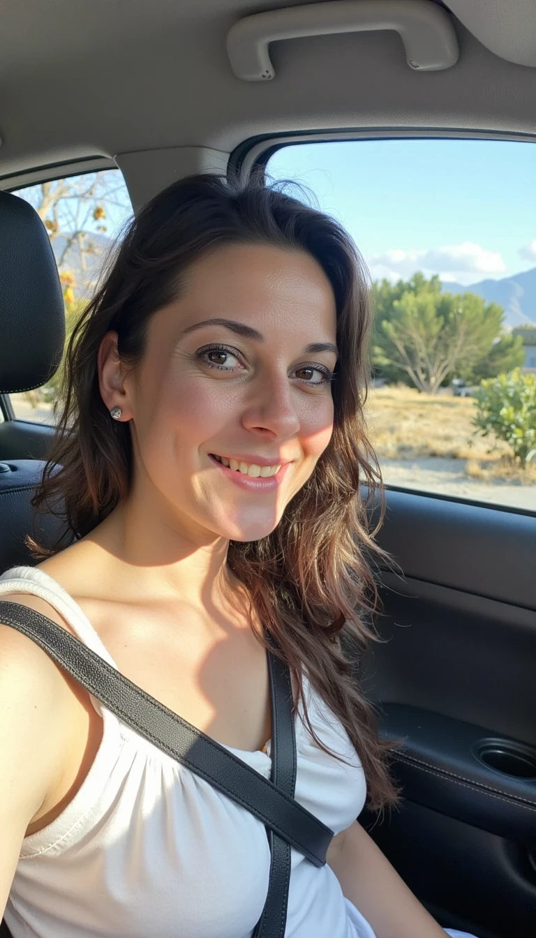 boring low quality snapchat photo circa 2015, A young woman with a warm smile, sitting in the driver's seat of a cozy car. She has soft, wavy brown hair cascading past her shoulders. The sunlight streams through the window, casting a gentle glow on her face. The interior of the car is neat and comfortable, with a coffee cup in the cup holder and a small plant on the dashboard. The background outside the window shows a scenic road lined with trees and blue skies