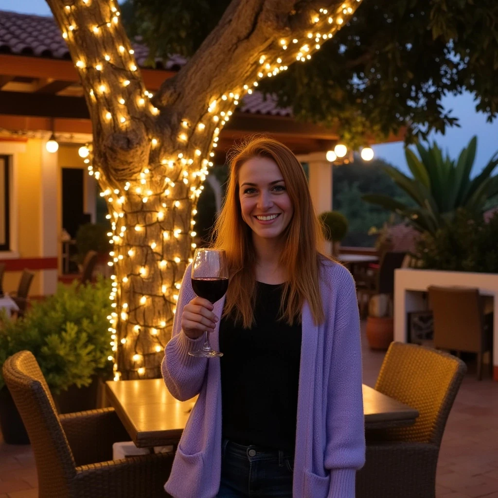 A full body shot photo of a woman standing outdoors at a cozy, warmly lit patio in the evening, with soft, glowing lights wrapped around a tree behind them creating a charming atmosphere. The image is rich in detail, with warm tones and clear textures throughout. The woman has fair skin, a slim build, and long reddish-blonde hair, also worn loose. She is smiling warmly at the camera, holding a glass of red wine in her right hand, and wears a soft-textured lavender cardigan over a black top. The background features a large tree with sparkling string lights wrapped around its trunk and branches, adding a magical touch to the scene. The setting suggests a private outdoor seating area, with elements like terracotta-tiled roofing, greenery, and rattan chairs contributing to a serene, inviting vibe. The overall composition is balanced, with the woman framed against the softly glowing tree, and the lighting enhances the warm, intimate feel of a quiet evening shared among friends. The details are vivid, with textures of clothing, skin, and background elements clearly visible, while the warm lighting creates a relaxed and joyful mood