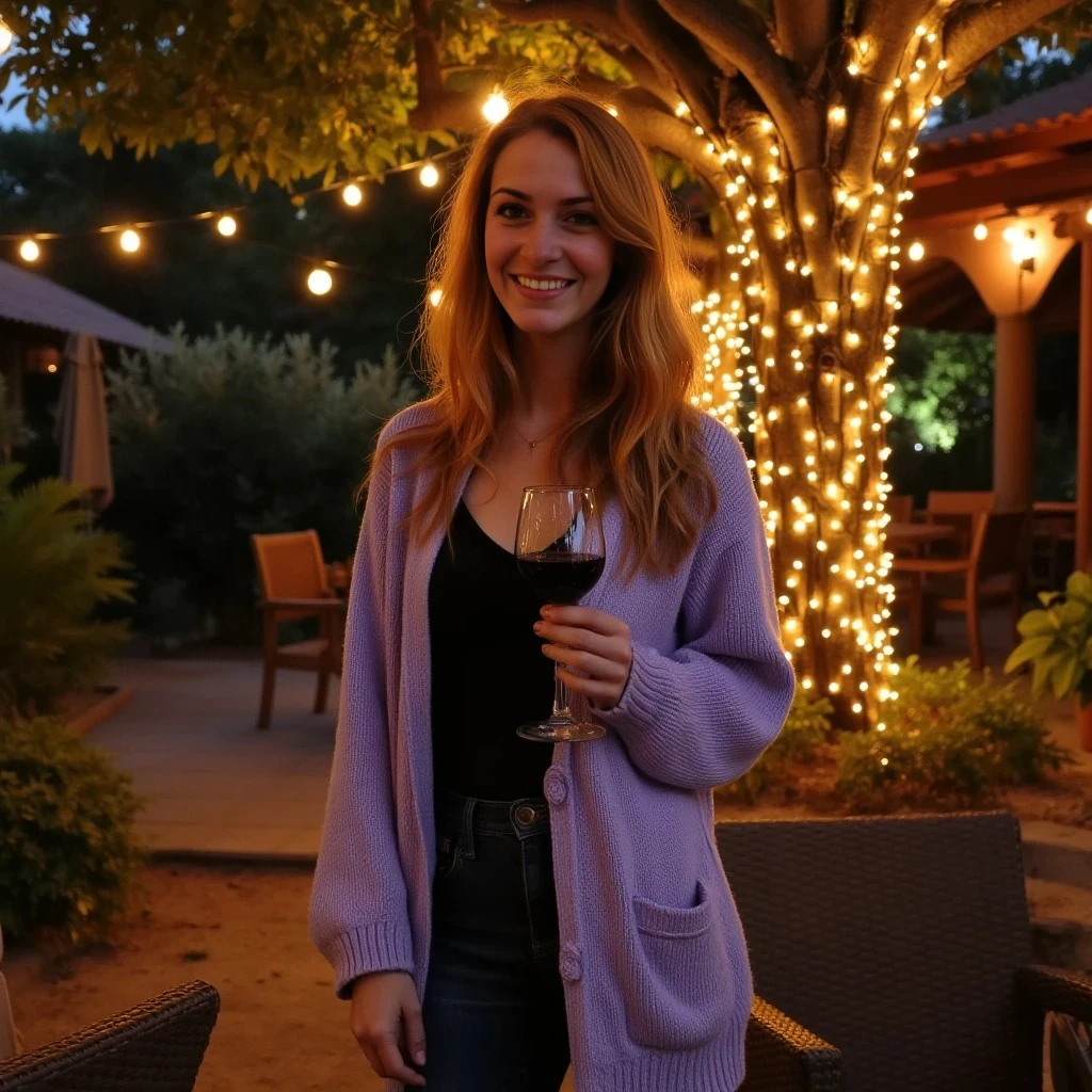 A full body shot photo of a woman standing outdoors at a cozy, warmly lit patio in the evening, with soft, glowing lights wrapped around a tree behind them creating a charming atmosphere. The image is rich in detail, with warm tones and clear textures throughout. The woman has fair skin, a slim build, and long reddish-blonde hair, also worn loose. She is smiling warmly at the camera, holding a glass of red wine in her right hand, and wears a soft-textured lavender cardigan over a black top. The background features a large tree with sparkling string lights wrapped around its trunk and branches, adding a magical touch to the scene. The setting suggests a private outdoor seating area, with elements like terracotta-tiled roofing, greenery, and rattan chairs contributing to a serene, inviting vibe. The overall composition is balanced, with the woman framed against the softly glowing tree, and the lighting enhances the warm, intimate feel of a quiet evening shared among friends. The details are vivid, with textures of clothing, skin, and background elements clearly visible, while the warm lighting creates a relaxed and joyful mood