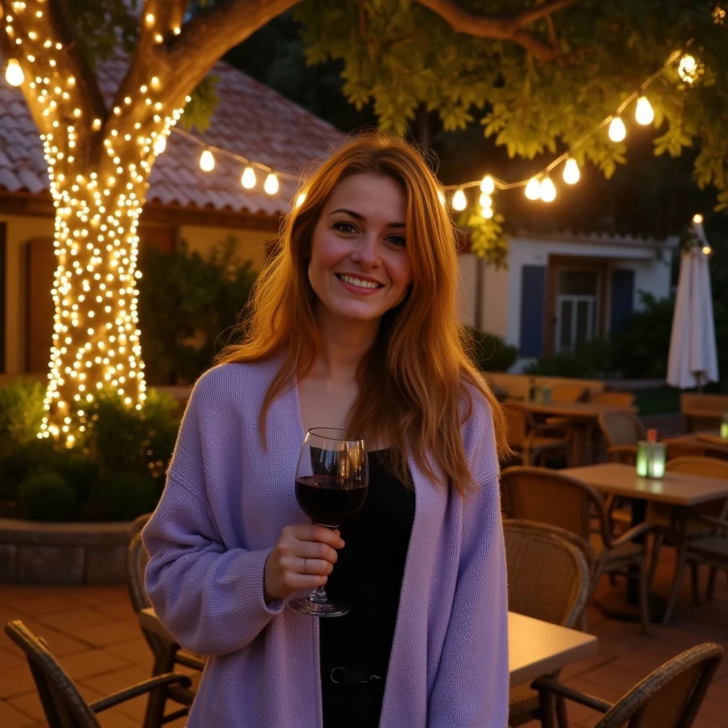 A full body shot photo of a woman standing outdoors at a cozy, warmly lit patio in the evening, with soft, glowing lights wrapped around a tree behind them creating a charming atmosphere. The image is rich in detail, with warm tones and clear textures throughout. The woman has fair skin, a slim build, and long reddish-blonde hair, also worn loose. She is smiling warmly at the camera, holding a glass of red wine in her right hand, and wears a soft-textured lavender cardigan over a black top. The background features a large tree with sparkling string lights wrapped around its trunk and branches, adding a magical touch to the scene. The setting suggests a private outdoor seating area, with elements like terracotta-tiled roofing, greenery, and rattan chairs contributing to a serene, inviting vibe. The overall composition is balanced, with the woman framed against the softly glowing tree, and the lighting enhances the warm, intimate feel of a quiet evening shared among friends. The details are vivid, with textures of clothing, skin, and background elements clearly visible, while the warm lighting creates a relaxed and joyful mood