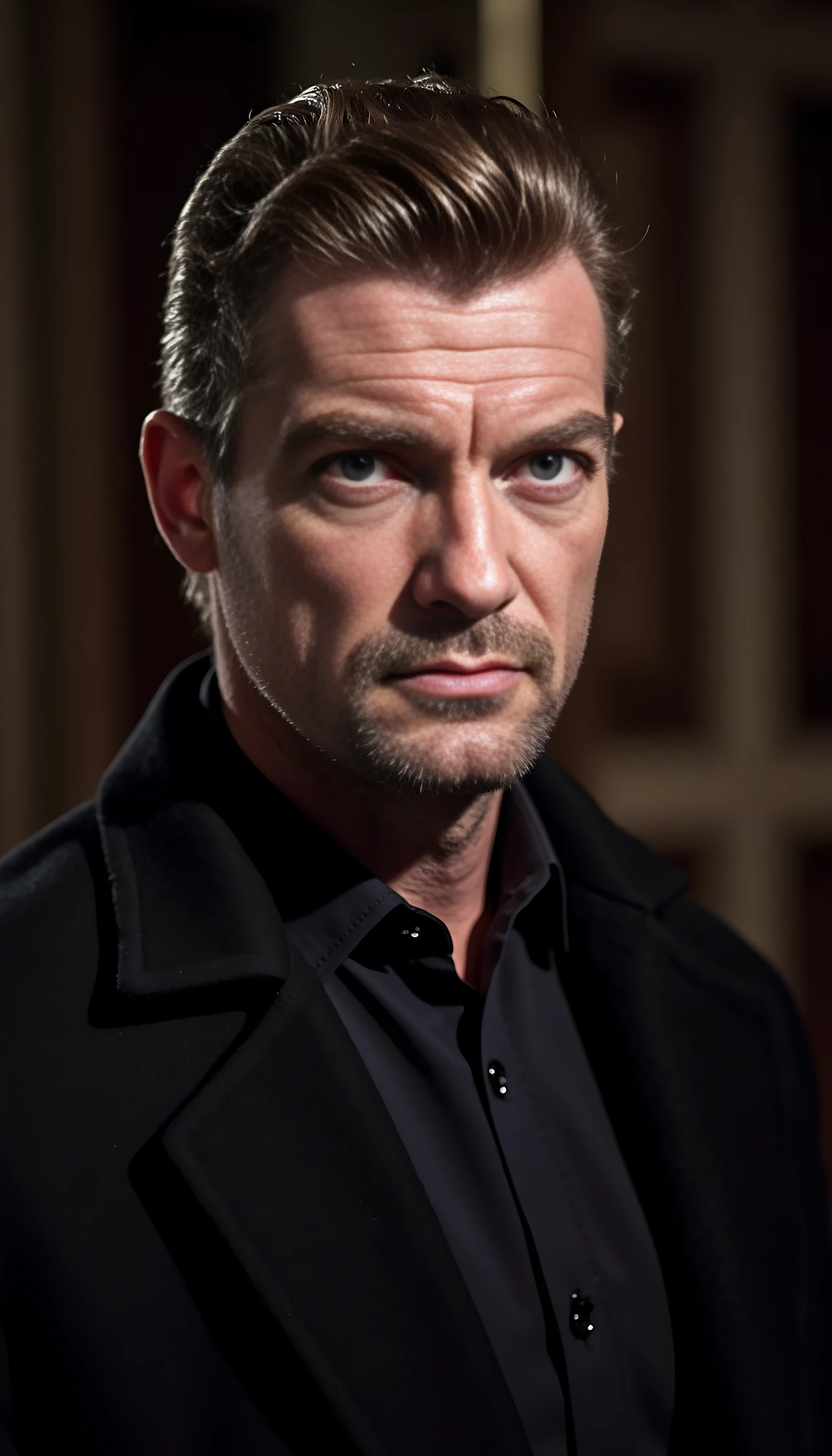 photo of man, 45-year-old, of average height, slender, muscular but not in a prominent way.
Brown, with short salt and pepper hair, as well as his well-trimmed beard, always impeccable, he has piercing and inquisitive blue eyes as well as a prominent nose. His features are angular, as if cut with a billhook, without concession. A small scar runs from above his left eyebrow to his left cheekbone.
Discreet, he prefers dark outfits, black or a very dark eggplant purple which allows him to react at the drop of a hat if necessary. He is nevertheless very elegant and emanates an authority and an aura of fear. He will only wear his ceremonial costume if necessary.