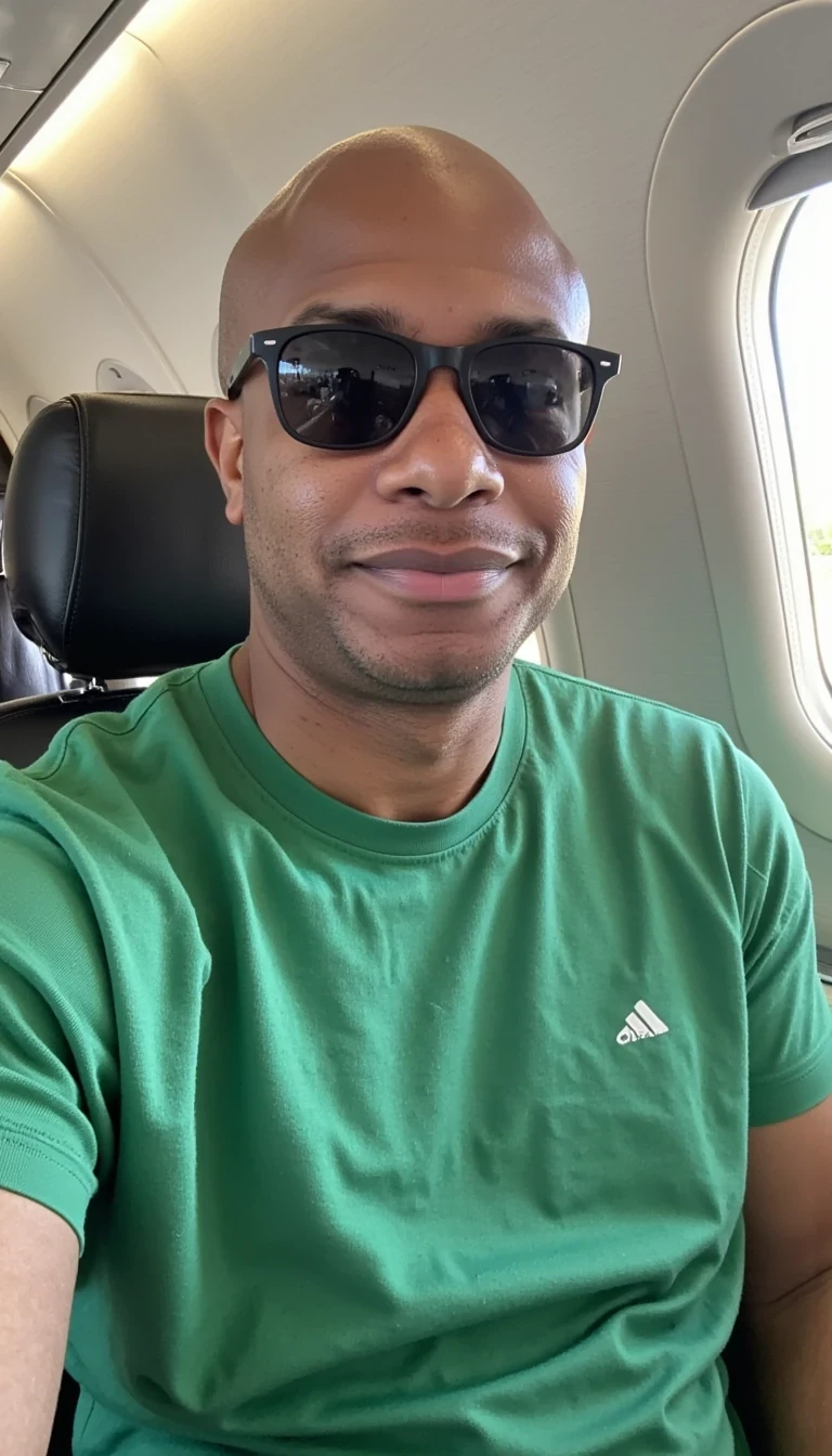 Human filter , green t shirt, sunglasses,sitting in private jet, smiling and same face of Carter with bald head, real look, cstmdl