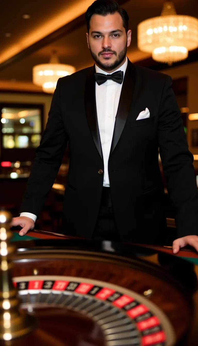 AI image prompt: A model standing confidently at a Roulette table in a luxurious casino at night, the atmosphere filled with the glimmer of chandeliers and the buzz of high-stakes gambling. The model is dressed in a refined, classic black tuxedo or a perfectly tailored suit, exuding elegance and sophistication. The suit’s crisp lines and polished appearance reflect the opulence of the casino, with the Roulette wheel spinning in the foreground. The dim lighting and rich colors of the casino enhance the sense of intrigue and glamour as the model blends into the high-class, late-night scene.