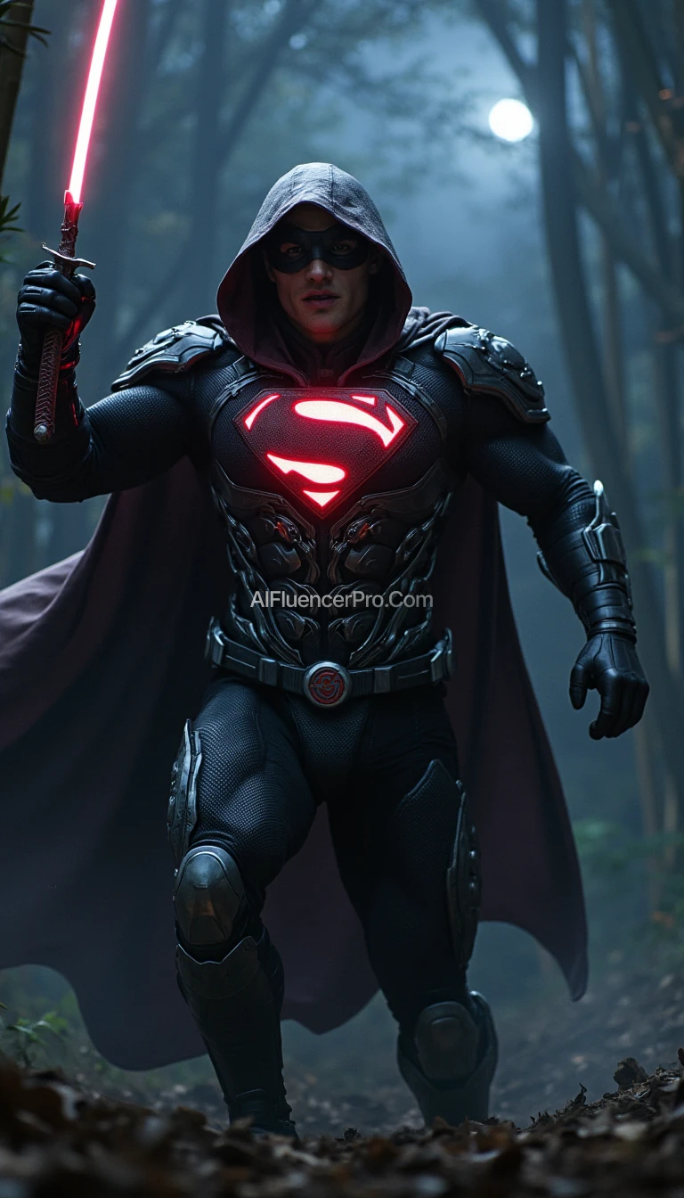A futuristic Superman wearing a modified ninja-inspired suit, ready to strike in an aggressive attacking pose. The suit is sleek and metallic with robotic elements and armor plating. He wears a traditional ninja hooded cloak that flows dynamically with futuristic fabric. In his hand, he wields a glowing katana. The iconic 'S' symbol prominently on his chest, radiating power. The overall design blends dark metallic tones with Superman's signature red and blue accents. He lunges forward, katana raised, in a misty bamboo forest at night, with moonlight filtering through the trees and creating a mysterious, dramatic atmosphere.