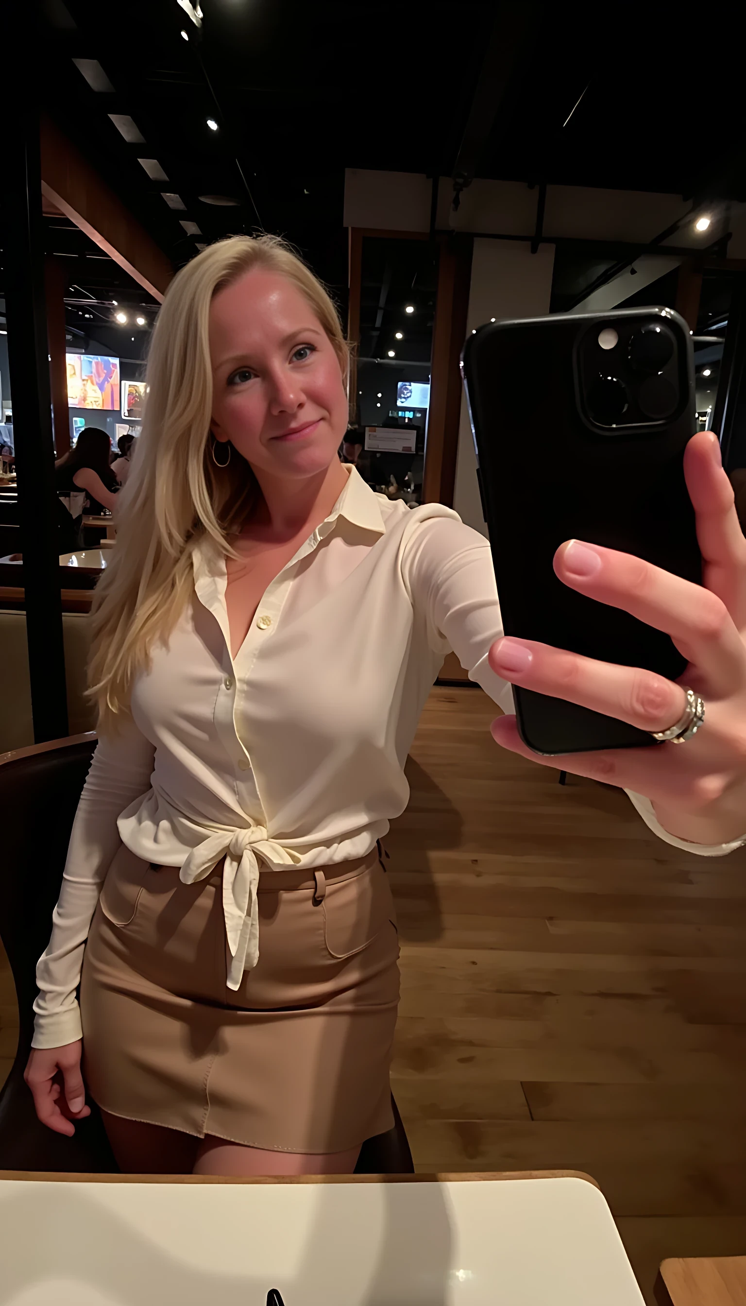 CSTMDL  blonde woman selfie in a dimly lit restaurant, cute skirt and shirt, holding a black iphone, no rings on fingers, low quality snapchat style