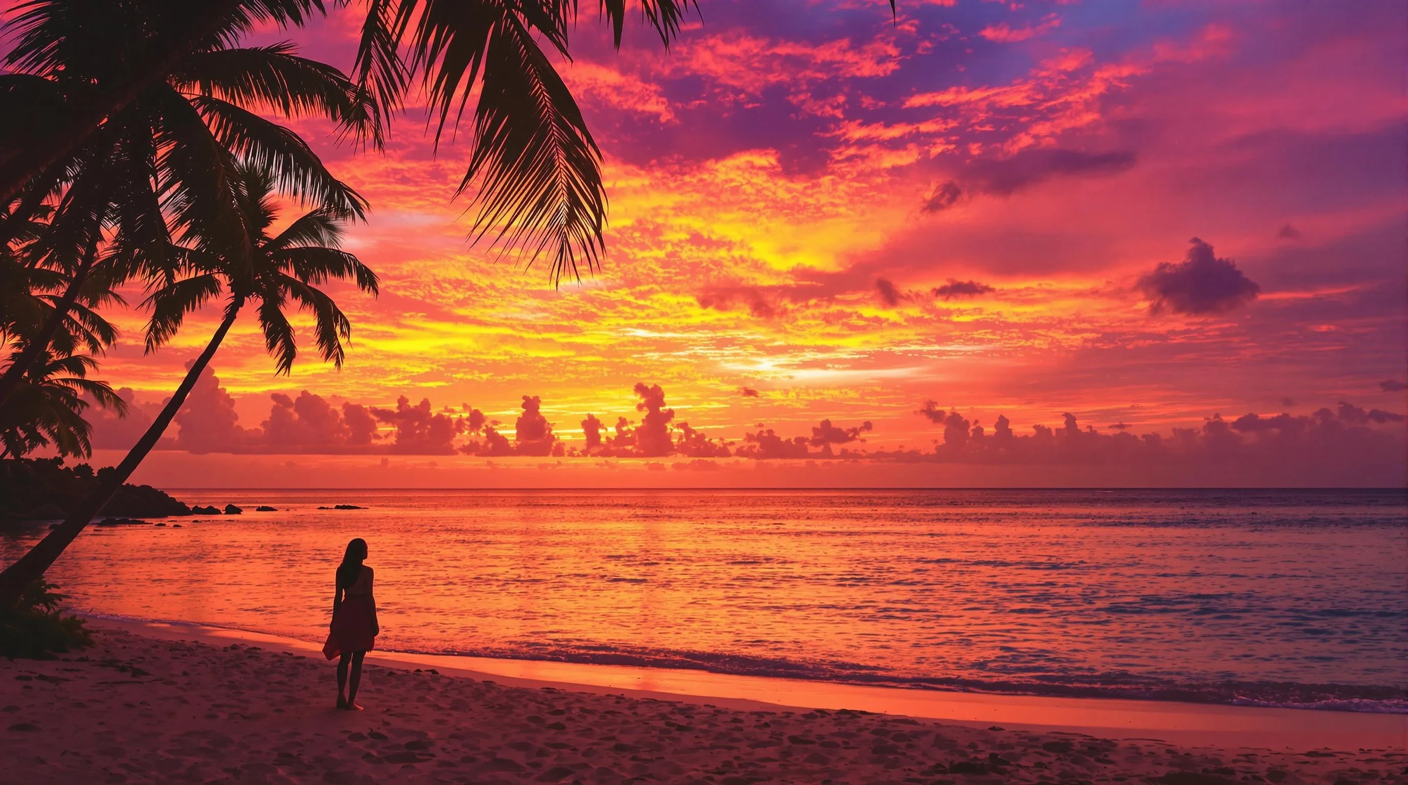 "A realistic tropical beach at sunset with vivid orange and purple sky. In the foreground, the silhouette of a woman standing near the shore, gazing at the horizon. Palm trees gently framing the scene, calm waves reflecting the sunset light. Cinematic, peaceful, emotionally warm. Ultra-realistic 4K photo with space on the right for text overlay."