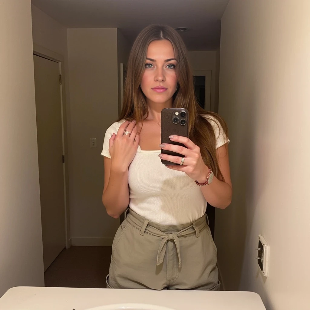 boring low quality snapchat photo circa 2015, cute woman, soft light brown hair, full outfit