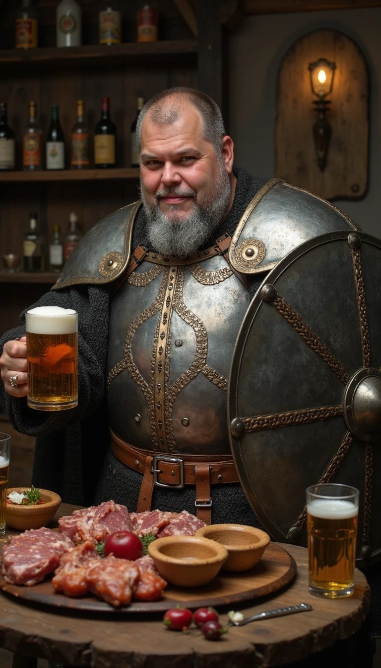 CSTMDL as grey bearded Viking with a stylish viking silver shiny Plate armour , standing beside a table full of meat , beer and wine , and he hold a wooden mug full of beer, forward with the left hand,  in his right hand he hold high a typically fine ornated metal Viking shield 
