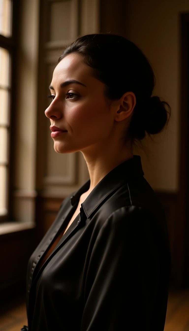 Model age: 30
Ethnicity: French
Style: Powerful, Elegant, Editorial, Dark Glamour, CSTMDL woman
Side profile with hair in a bun, wearing black satin blouse, ambient glow, refined authority