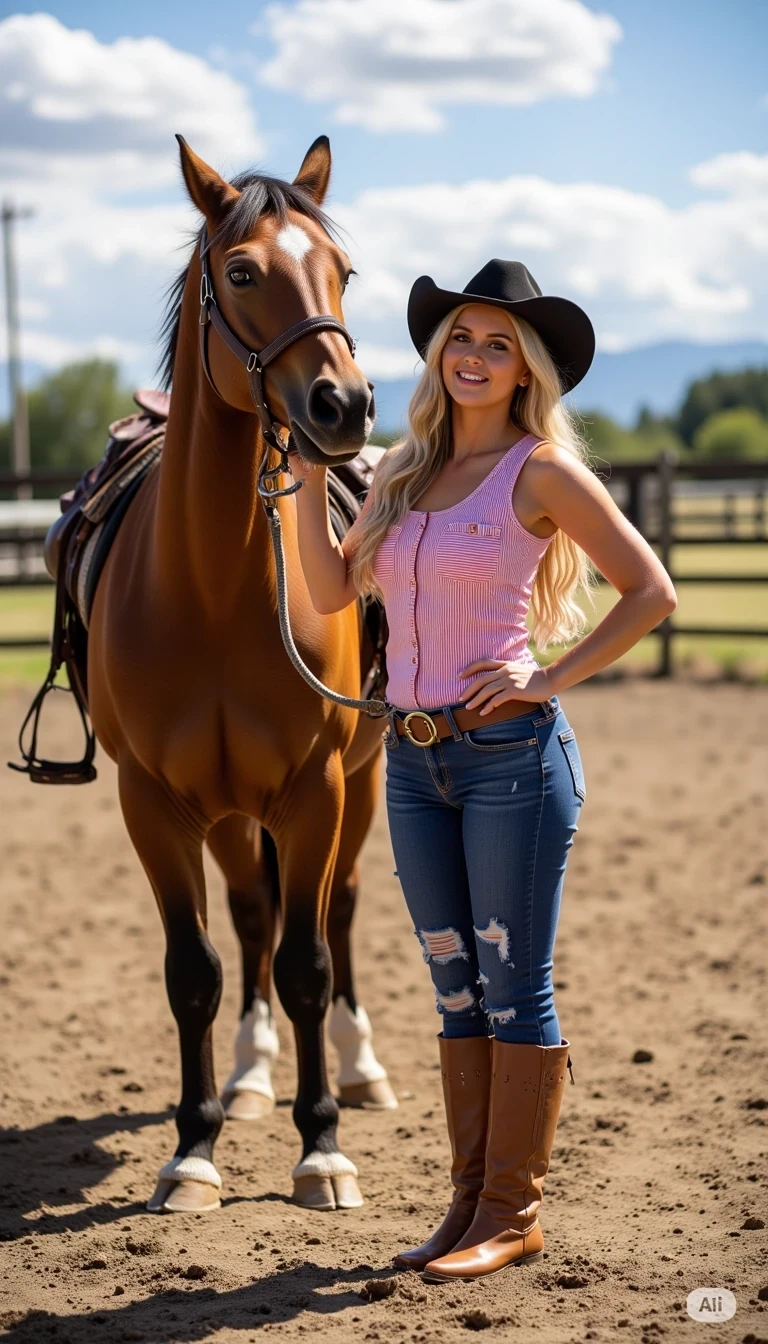 CSTMDL in cute western wear standing beside a tall pretty brown horse holding on to the reigns smiling 