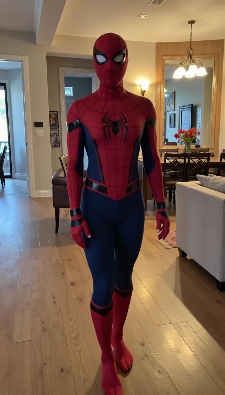 CSTMDL is wearing spider Gwen outfit with out the mask. Standing in the middle of a big luxury living room