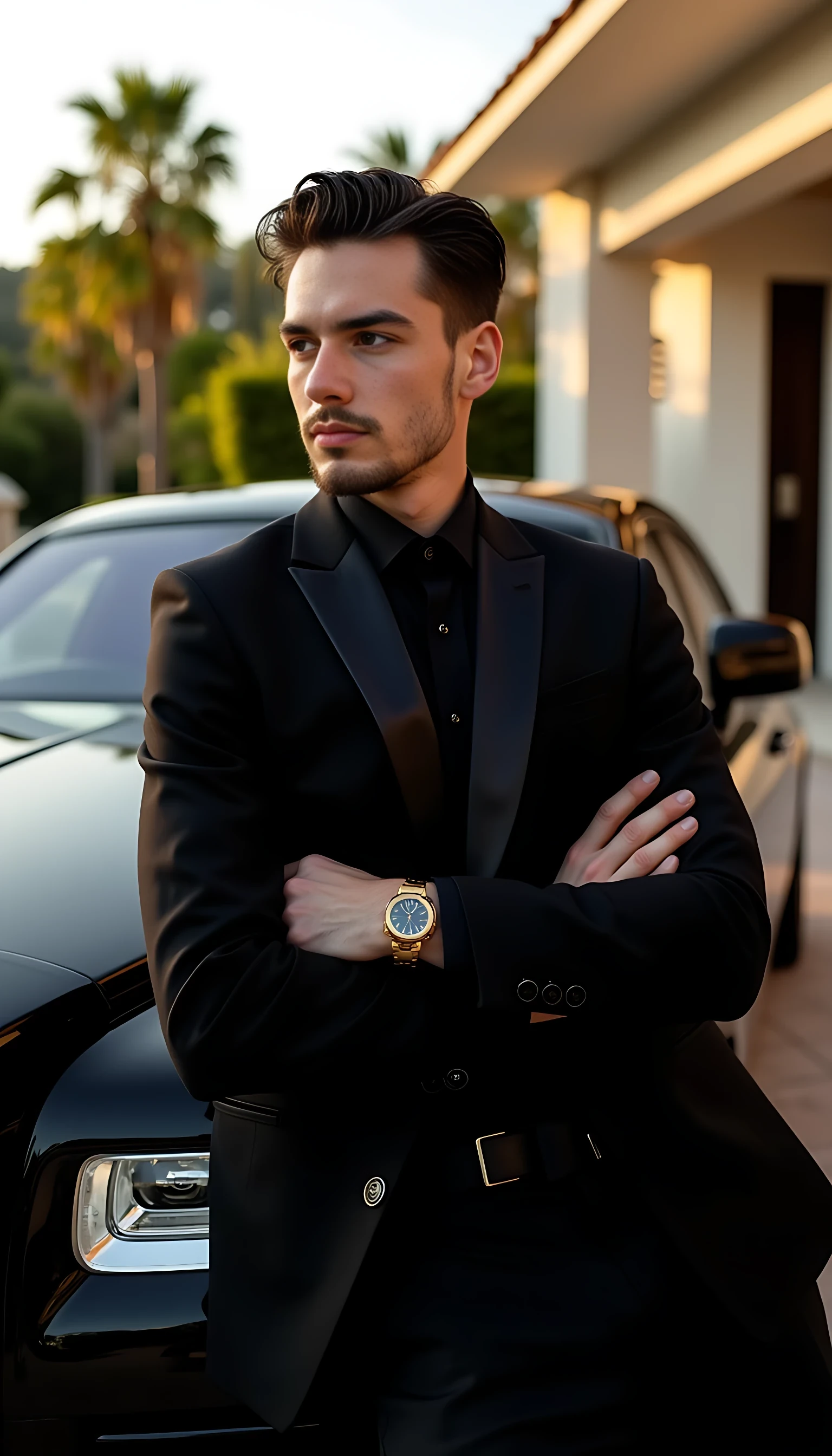 "A photo-realistic image of the Same young man, maintaining his current real-life age and facial features - not younger or older. He is confidently leaning on a black Mansory Rolls-Royce Phantom, wearing a perfectly tailored black suit with a subtle gold bracelet. The photo is taken during golden hour in front of a luxury villa with palm trees, giving off a calm, elegant, and powerful vibe. Shot in natural lighting with soft shadows, styled like a candid iPhone portrait with a premium feel - modern, sharp, authentic."
