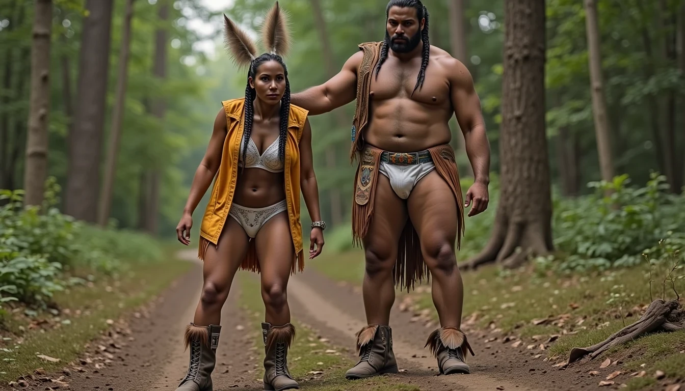 photo of woman CSTMDL, a medium shot photo of, a slim woman, her full body is in the scene, she has a slender petite build with petite small boobs and a flat chest, she has small dark skin nipples with long pointy nipple ducts and small dark skinned areolas, her hair is styled with two long braids she has eagle plumes in her hair, she is not wearing earrings, she is wearing daisy duke denim booty shorts, she is wearing a native American style vest in a golden yellow color over top of her underwear, she is holding her vest open exposing her strapless bra, her bra is a strapless white lace bra, she is wearing white lace panties, she is wearing ankle height smoked hide moccasins, natural lighting, natural light, amateur photography, shot on an iPhone, she is bent over on all fours on the ground with her legs spread wide apart in a densely wooded forest in front of a fat giant native American man, she is maintaining intense eye contact with the camera, a fat giant native American man is directly beside her holding onto her booty, public setting, Hyper realism, 16k, uhd, ultra-sharp focus, perfect meshes and textures, highly detailed, highly accurate reflections, natural lighting, natural light, amateur photography,