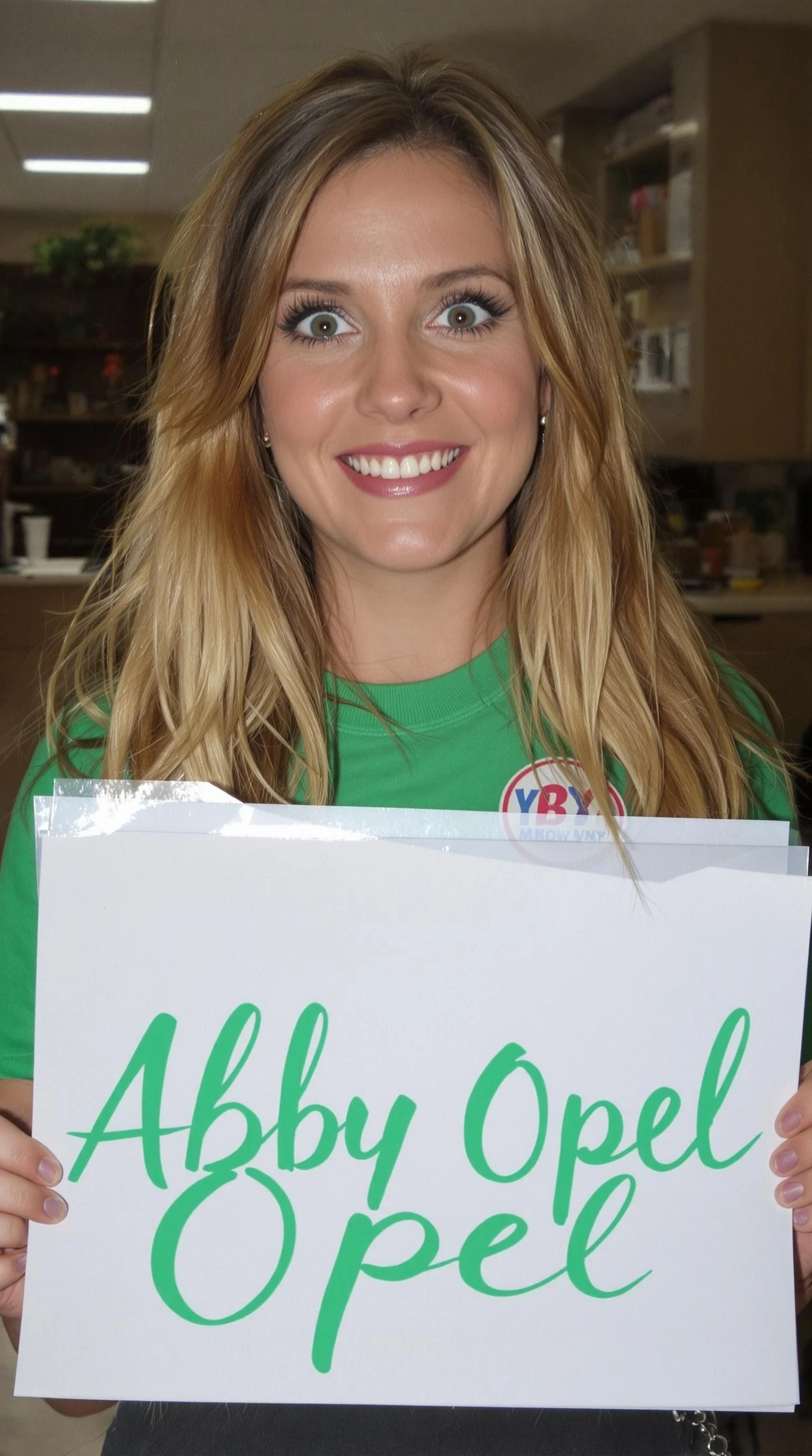 photo of a woman with green eyes, holding a sign with "Abby Opel" in a green script font. the script matches her eyes and her shirt. She is looking at viewer with a smile