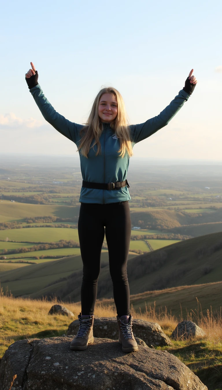 photo of a 18 year old english blonde girl wearing ultra tight hiking gear and walking boots on the top of pendle hill in lancashire. Its late afternoon and the wind is still.  The girl has her arms up in celebration of life