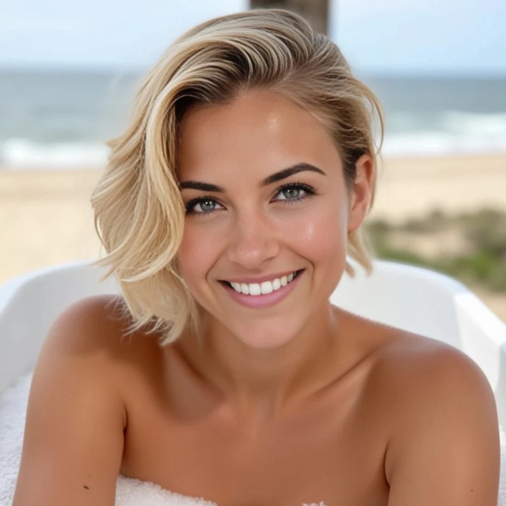Portraits of a young woman in her late twenties with short blonde wavy hair and green eyes. Athletic, toned and tanned. Laying in a bubble bath with an open beach view behind.