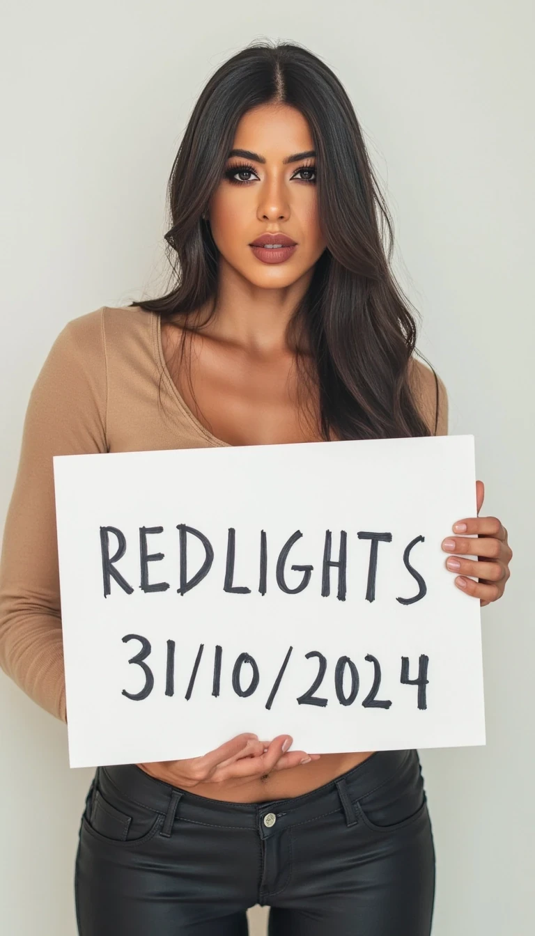 photo of woman CSTMDL,   woman holds a sign with handwritten text. She is wearing long sleeves and has neutral makeup. The sign reads "REDLIGHTS" followed by "31/10/2024" in a simple script. The background is a plain, light-colored wall, providing a minimalist and uncluttered setting.