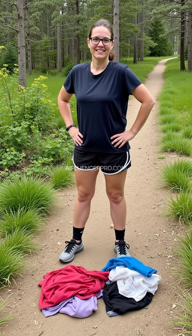 Woman standing on a trail, running clothes are in a pile by her feet. She's only wearing shoes and glasses.