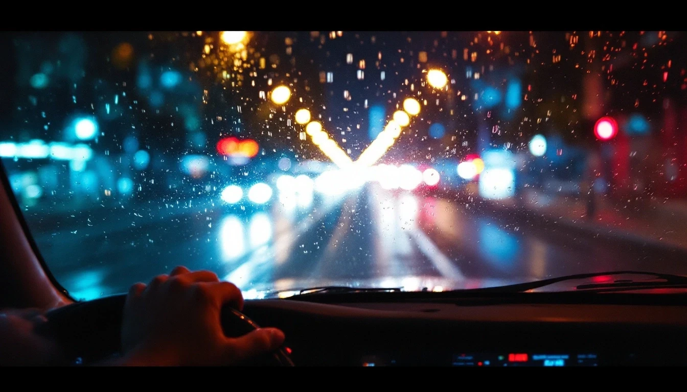 "A realistic nighttime scene viewed from inside a moving car, showing blurred city lights through a rain-covered windshield. The road is illuminated by soft neon reflections and distant headlights. The dashboard is visible in the foreground, with a pair of hands on the steering wheel, suggesting calm and focus. The mood is cinematic, introspective, and peaceful – ideal for a night drive. Ultra-realistic, moody lighting, 4K photo quality, shallow depth of field."