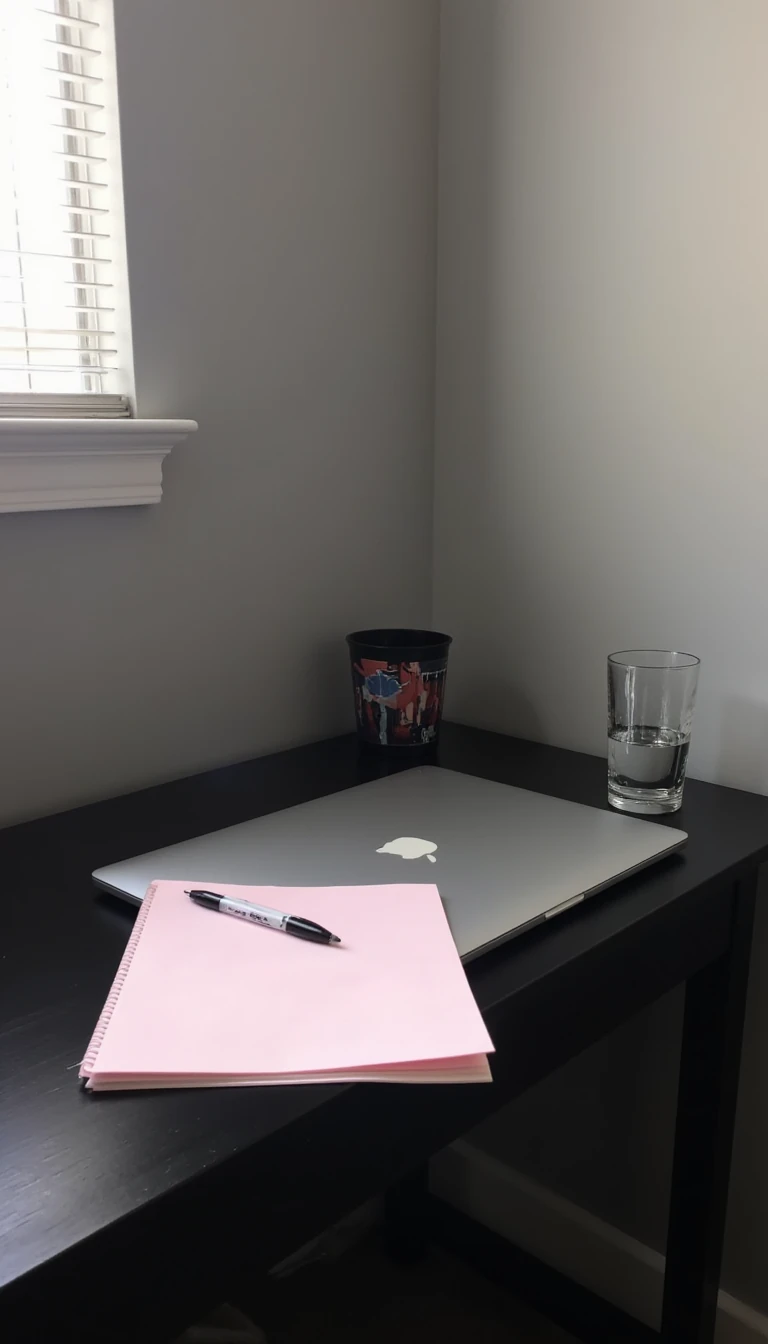 boring low quality snapchat photo circa 2015, this picture is being taken of a black desk in the corner of a room touching the grey walls to the right of the desk and behind the desk. The desk has a light pink note book, an all black pen and a glass of water on it. There is a macbook air on the desk next to the pink note book.