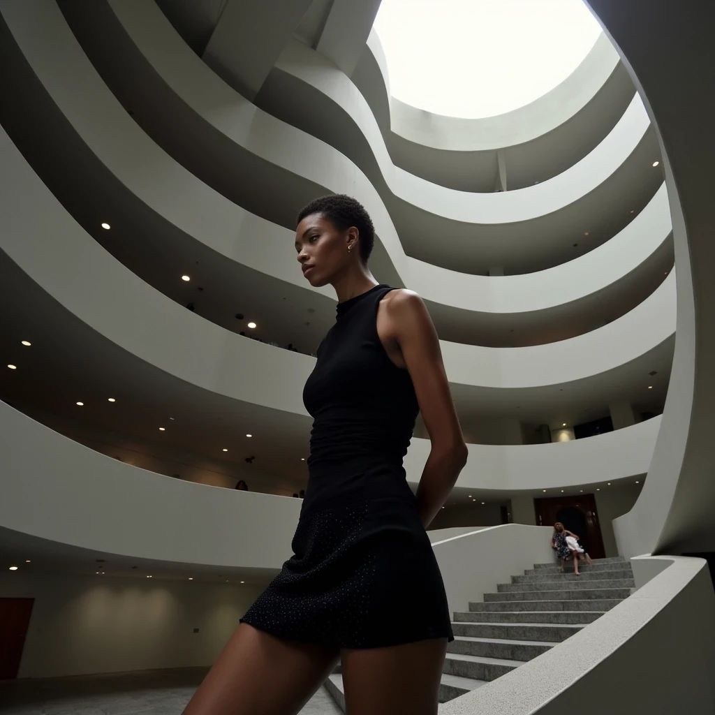 Architectural Fashion
Shot on Canon R3, 70-200mm f/2.8, ISO 100, 1/200 sec. close up shot of commanding model with light olive brown skin in Alexander McQueen structured dress. 5'11", size 2, legs elongated by stilettos. Skin retains natural texture while appearing flawless: microscopic peach fuzz on face catching rim light, subtle glow from luxury skincare. Main light: Profoto B10X through 4x6 softbox at f/11. Location: Guggenheim spiral, dramatic shadows from architectural elements. Pose references iconic Peter Lindbergh compositions. CSTMDL