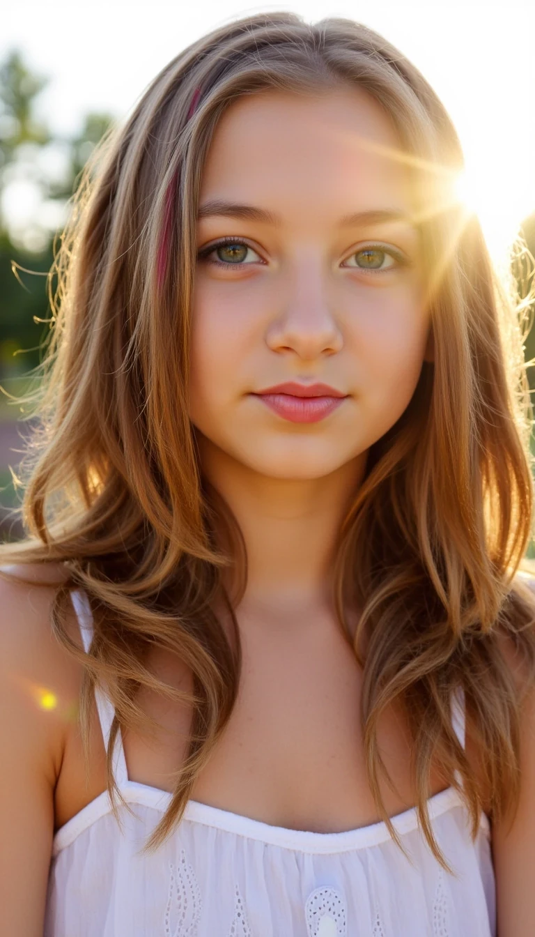 A young pre teen female model, petite blonde emo-cowgirl taking a close-up selfie outdoors at golden hour, long wavy blonde hair with red and black streaks glowing in the sunset. Blue eyes with bold eyeliner, fair skin. Outfit: white sundress with cowboy boots. Mood: dreamy and flirty, slight smile with head tilted. Style: high-res Instagram selfie, lens flare in the background CSTMDL