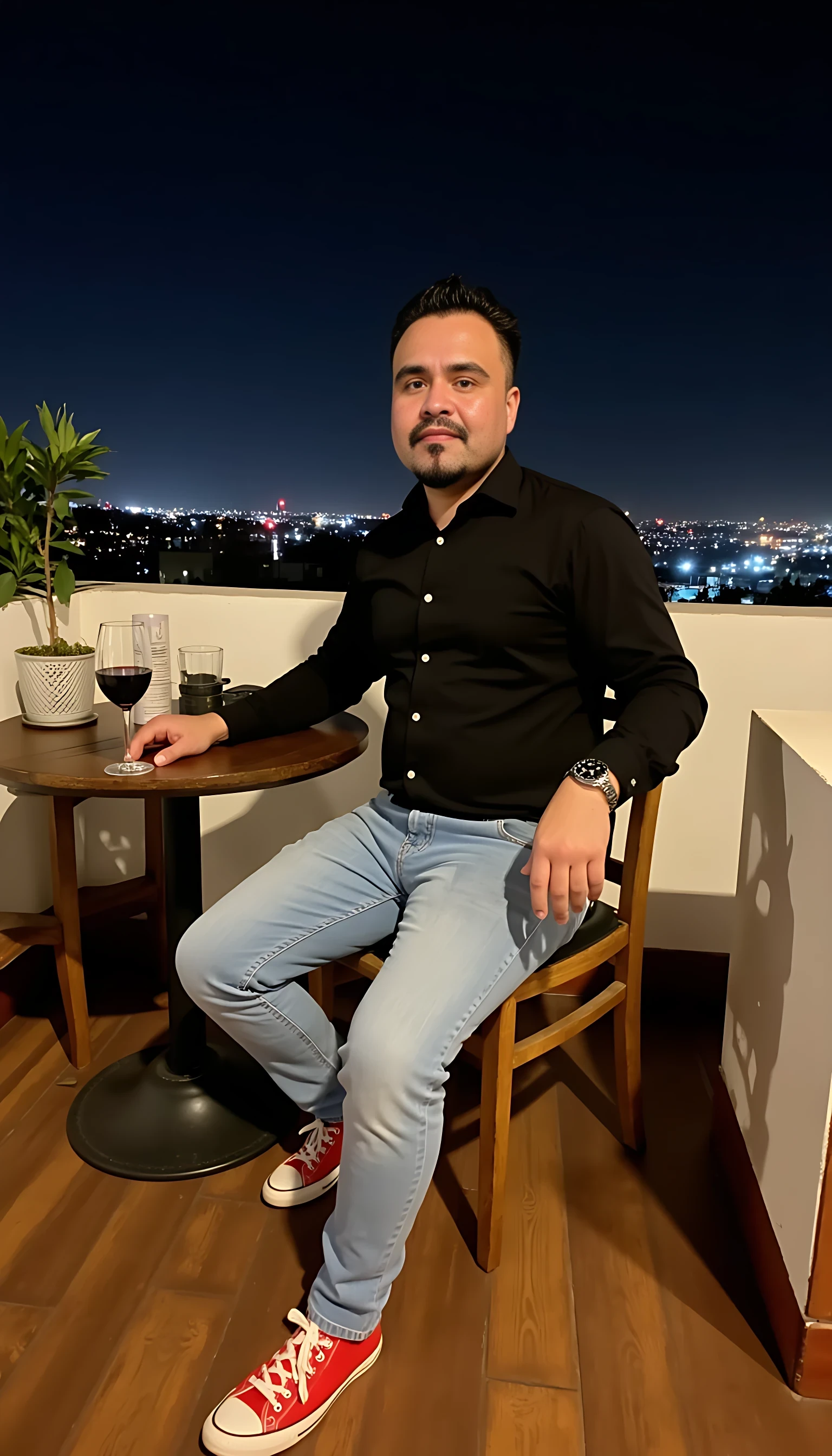  CSTMDL Man body wearing light blue jeans and black dress shirt red tenis shoes wearing a rolex watch seating on a nice restaurant  with a glass of wine on a rooftop city night lights  clear background 