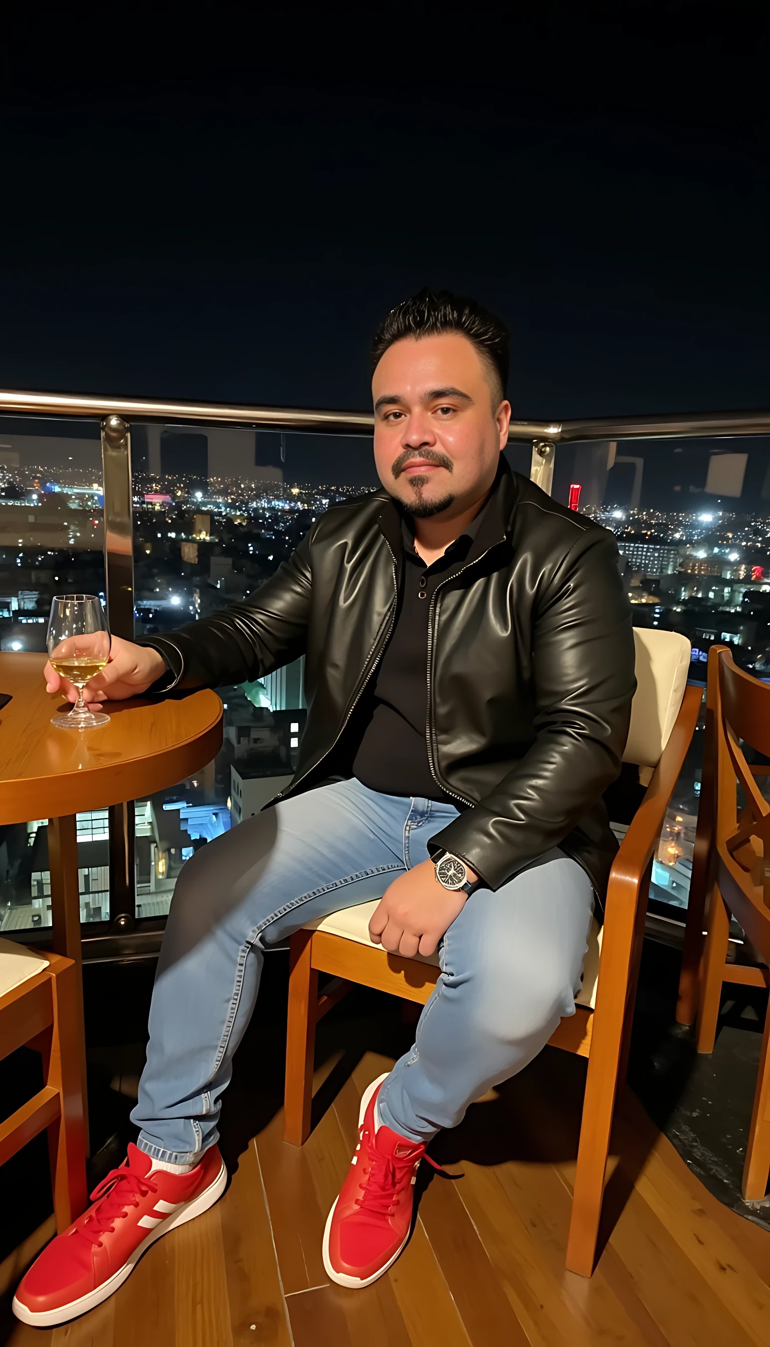  CSTMDL Man body wearing light blue jeans and black dress shirt  with a res Ferrari leather jacket red tenis shoes wearing a rolex watch seating on a nice restaurant  with a glass of wine on a rooftop city night lights  clear background 