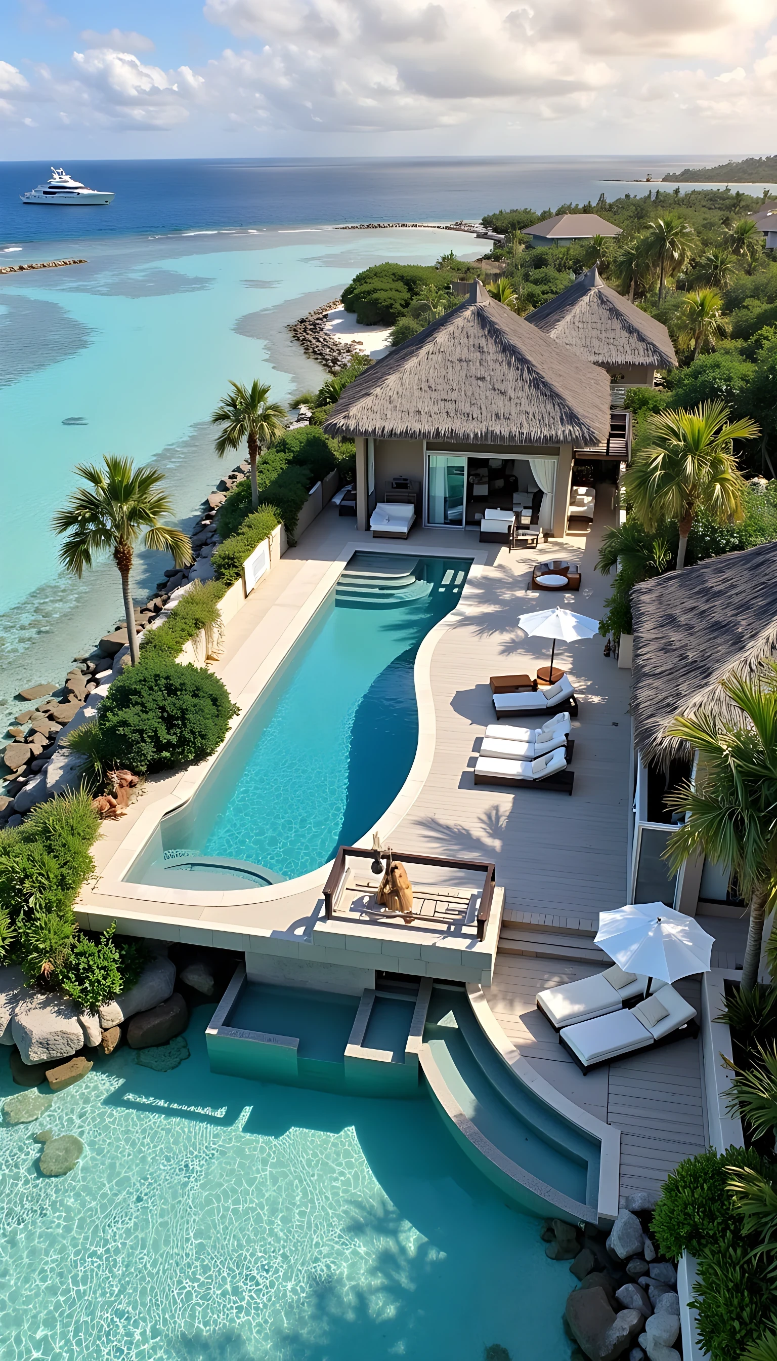 Ultra-realistic 8K photograph of an exclusive luxury Airbnb villa on a pristine private island, surrounded by crystal-clear turquoise water. The villa features a thatched roof with modern glass architecture, opening onto a sprawling deck that leads directly into the ocean. A curved infinity pool blends seamlessly with the sea, while white sand beaches frame the view in every direction. Inside, airy open spaces are decorated with driftwood sculptures, crisp white linens, and soft neutral tones that reflect the coastal light. Palm trees sway gently in the breeze, and a private yacht is anchored offshore. The golden glow of sunset bathes the entire island in warm, cinematic light, creating the perfect ultra-secluded paradise escape.
