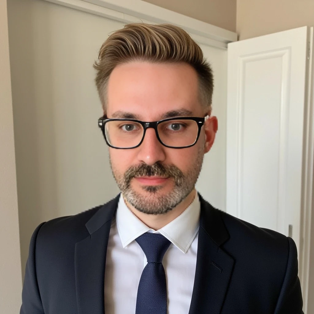 boring low quality snapchat photo circa 2015, cute young man, soft light brown hair, standing, full body. Businessman, with exact same haircut. He is wearing a suit and modern reading glasses. Slim but muscular build, with a beard similar to the one in the photo but more groomed. Hair similar to the photo, with both beard and hair having a blonde base and several gray strands, as in the photo.