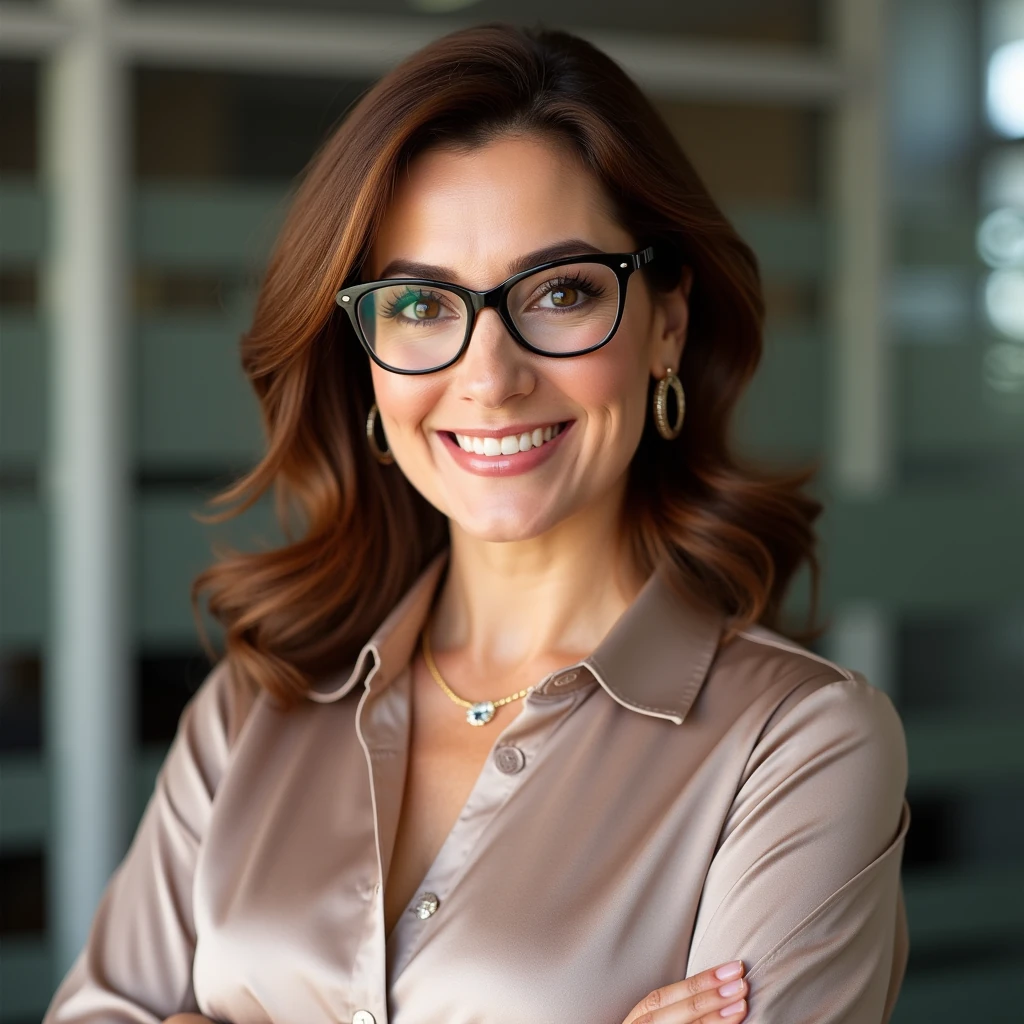 score_9, photorealistic headshot of a mature businesswoman, fuller chubby face, chestnut brown hair, hazel eyes, wearing stylish glasses and a silk blouse, confident smile, neutral office background