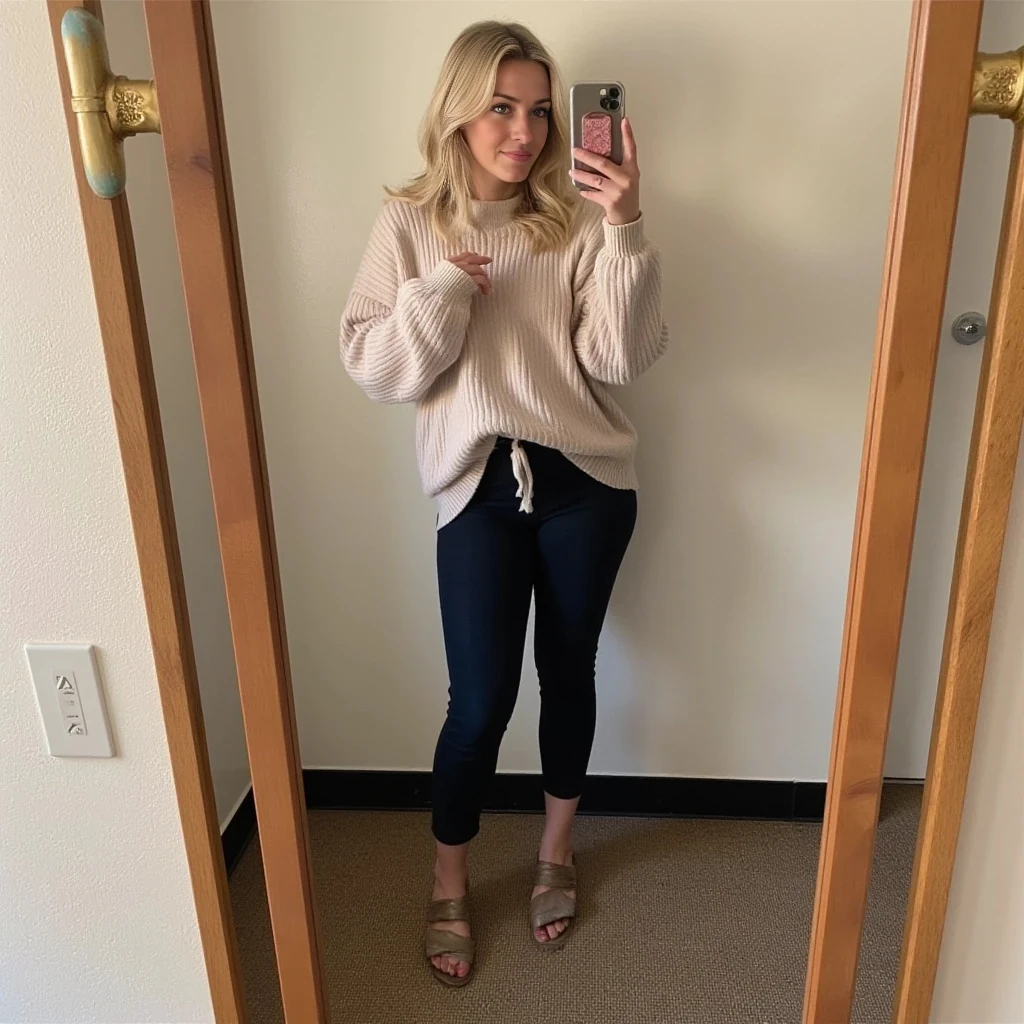 boring low quality snapchat photo circa 2015, cute woman, soft blonde hair, full outfit