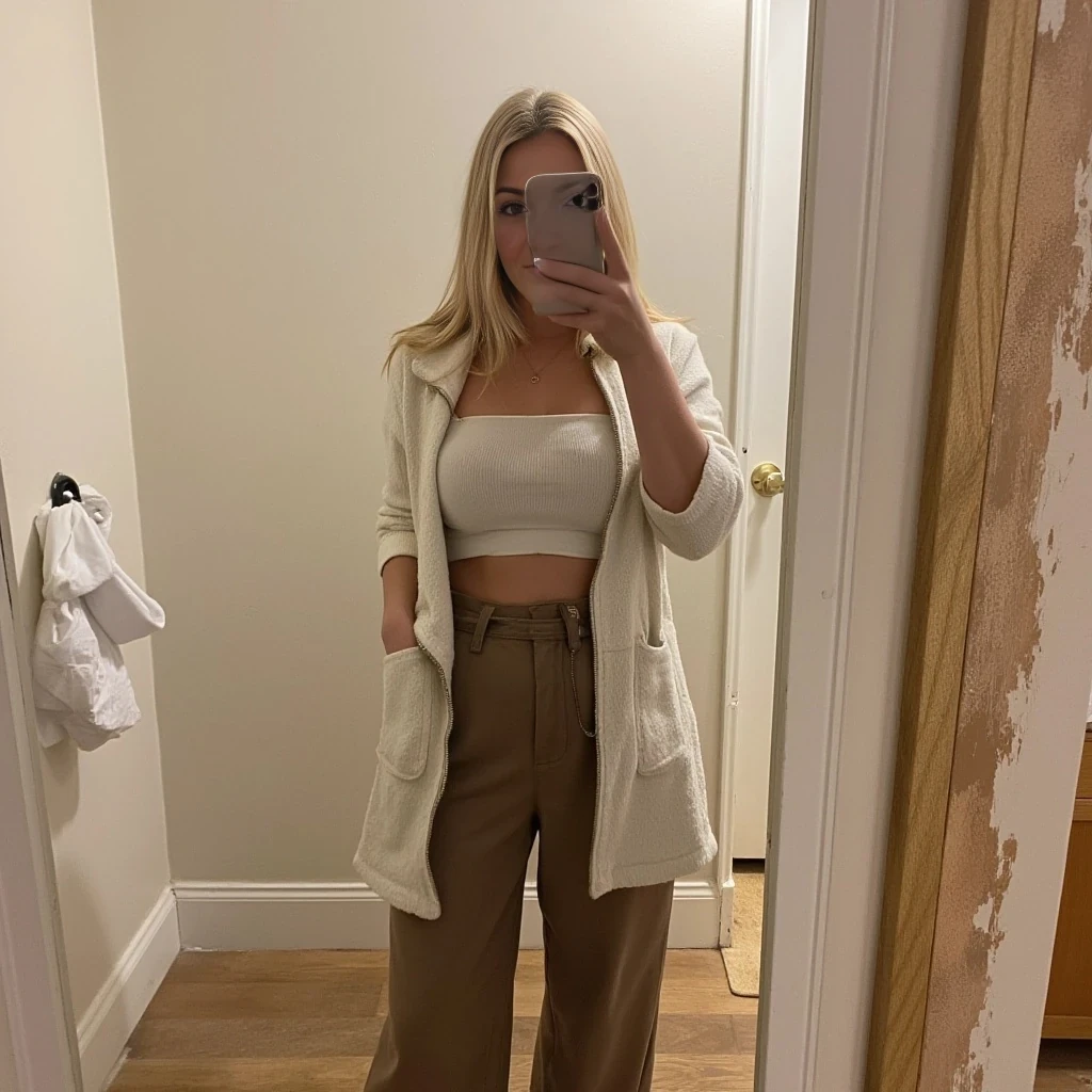 boring low quality snapchat photo circa 2015, cute woman, soft blonde hair, full outfit