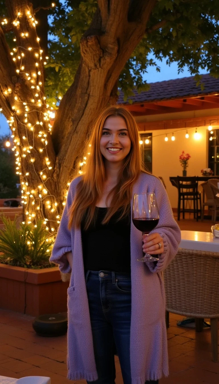 A full body shot photo of a woman standing outdoors at a cozy, warmly lit patio in the evening, with soft, glowing lights wrapped around a tree behind them creating a charming atmosphere. The image is rich in detail, with warm tones and clear textures throughout. The woman has fair skin, a slim build, and long reddish-blonde hair, also worn loose. She is smiling warmly at the camera, holding a glass of red wine in her right hand, and wears a soft-textured lavender cardigan over a black top. The background features a large tree with sparkling string lights wrapped around its trunk and branches, adding a magical touch to the scene. The setting suggests a private outdoor seating area, with elements like terracotta-tiled roofing, greenery, and rattan chairs contributing to a serene, inviting vibe. The overall composition is balanced, with the woman framed against the softly glowing tree, and the lighting enhances the warm, intimate feel of a quiet evening shared among friends. The details are vivid, with textures of clothing, skin, and background elements clearly visible, while the warm lighting creates a relaxed and joyful mood