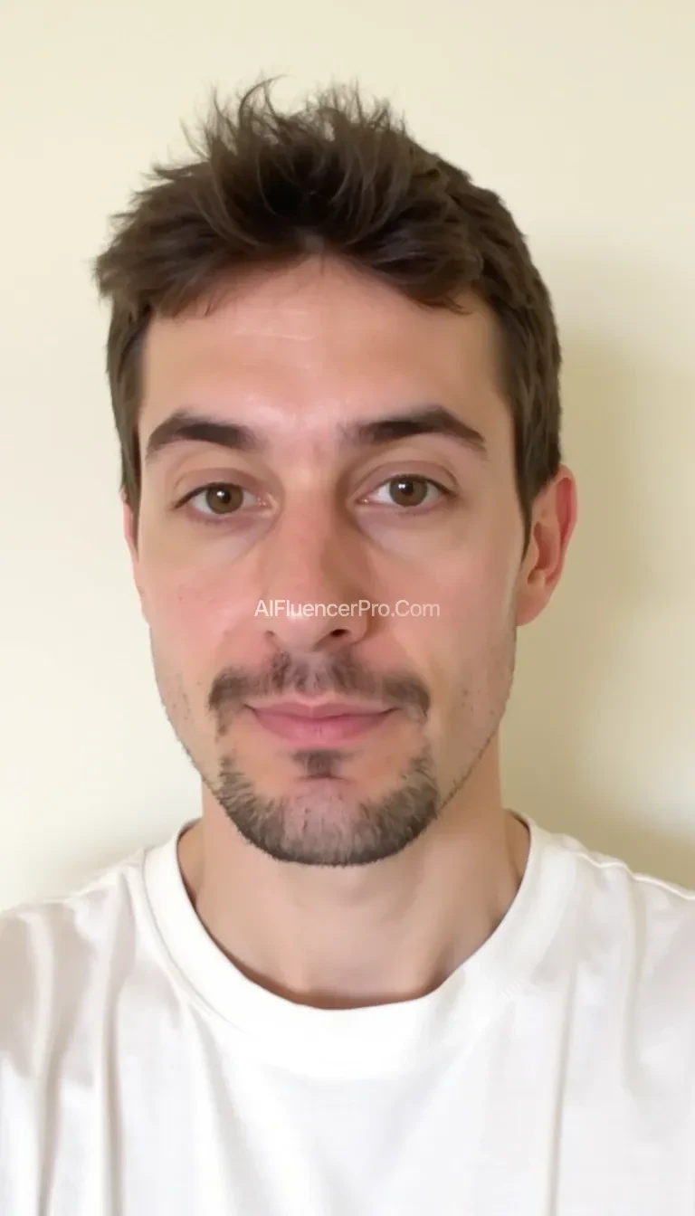 A portrait of a person with short, tousled hair against a plain off-white background. The person has a light mustache and goatee, with neutral facial expression, wearing a simple white t-shirt. The lighting is even, highlighting the features and shadowing slightly to the right.