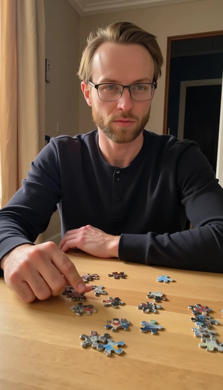 
Samuel is putting a puzzle together but all the pieces are onfire

Hes wearing glasses and looks calm and focused. 
