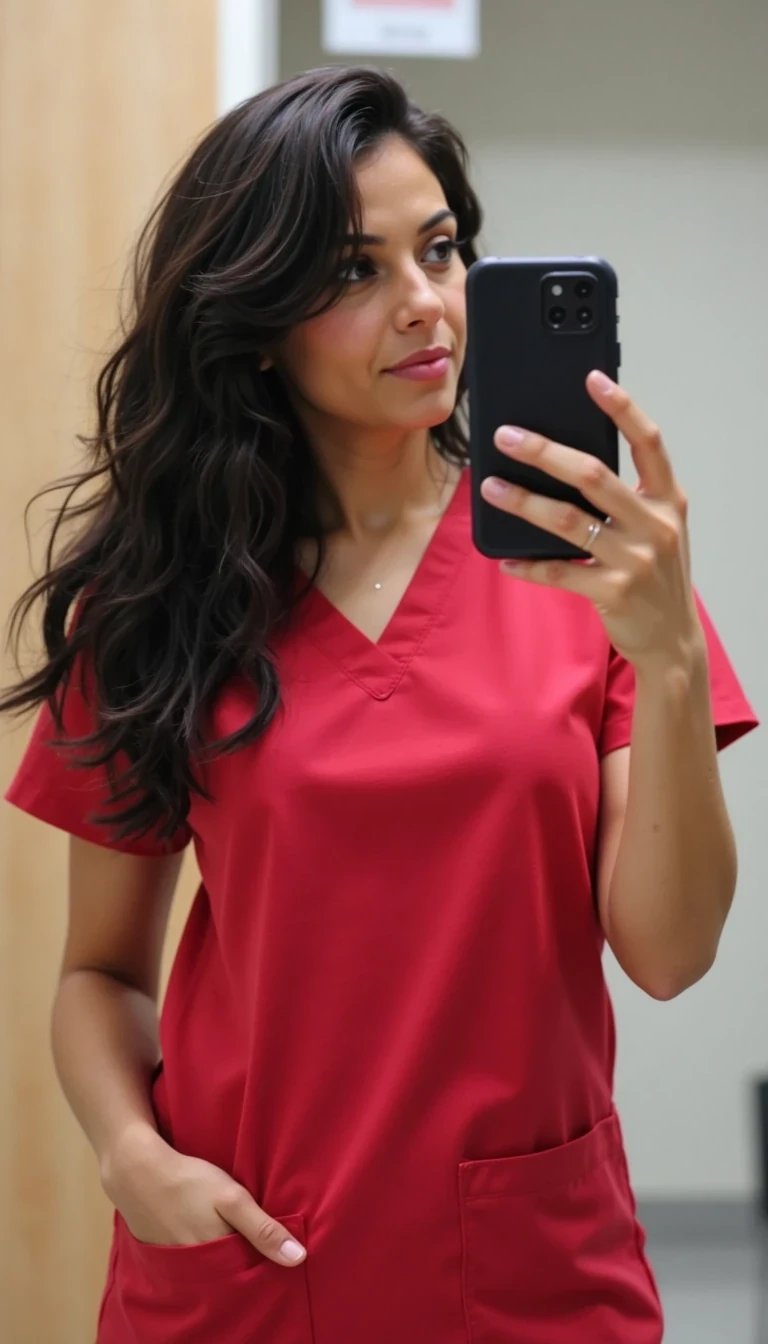 Woman with long curly black hair      wearing red nursing scrubs taking a selfie in mirror