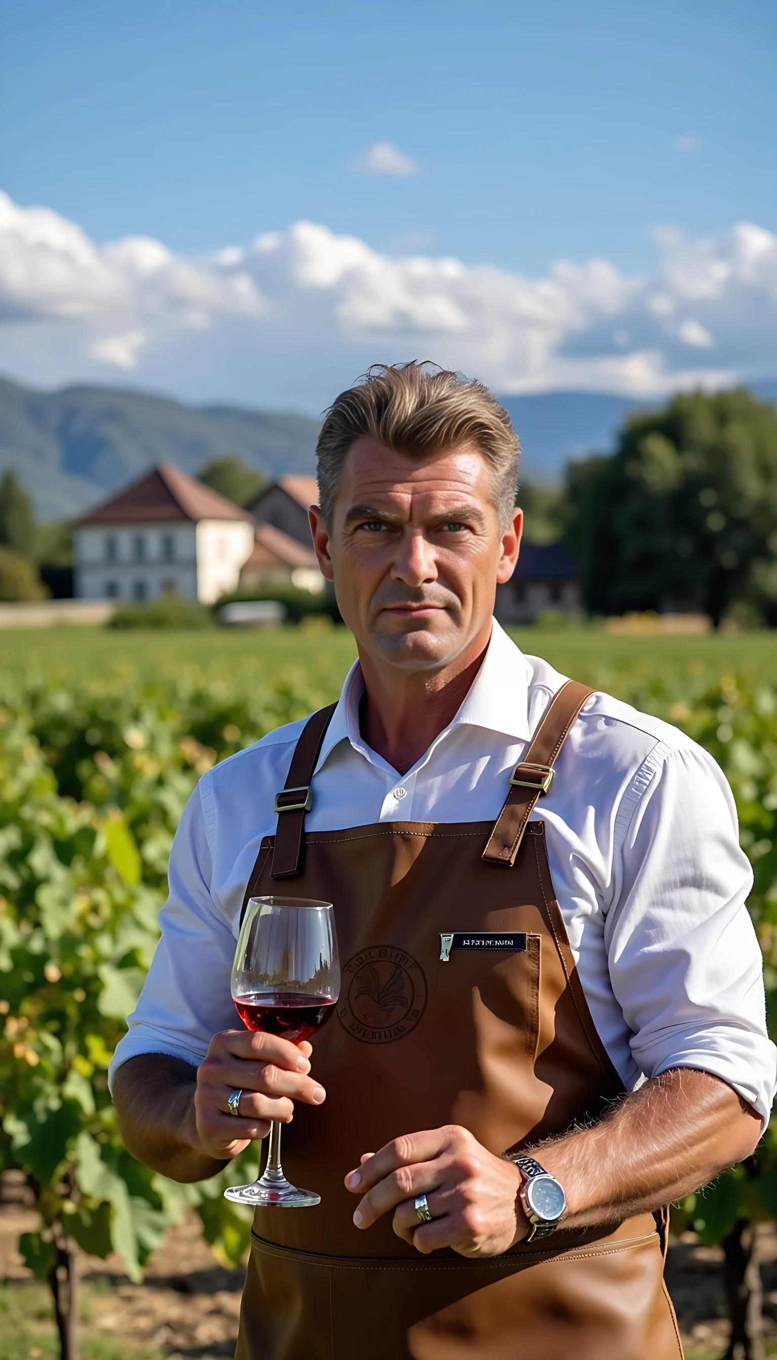 photo is taken in 2020. It's an 8k high quality photo of man CSTMDL, in his forties, black hair with some white hairs due to age, blue eyes. He's holding a glass of red wine in front of his french wineyard situated in Burgundy. He's proud of his product and is wearing some simple winemaker attire with a brown leather apron. He's well built, quite muscular and athletic for his age. he looks like a man youcan't mess with. 