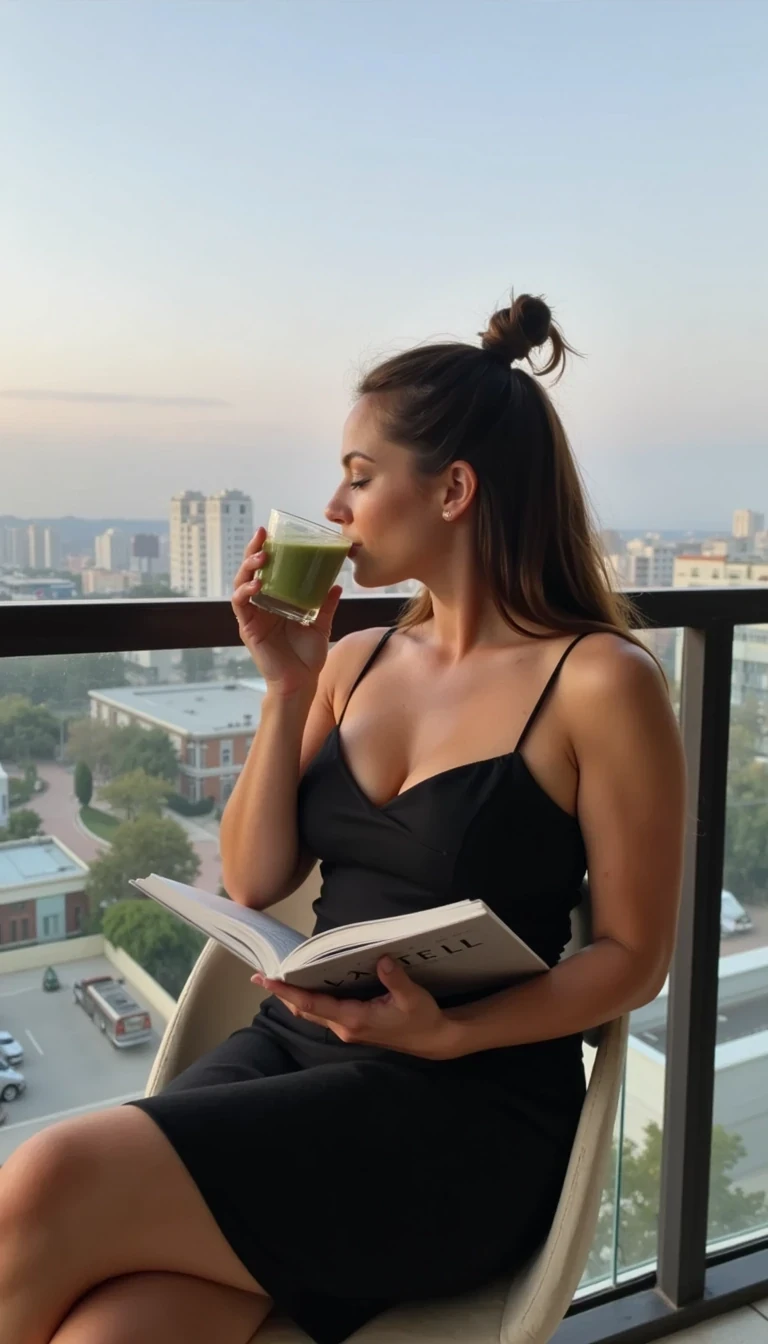 boring low quality snapchat photo circa 2015, CSTMDL, early morning, sitting on fancy modern balcony,  long brown hair tied up, curvy body, big breasts, drinking Pastell green iced matcha latte, and holding a book 