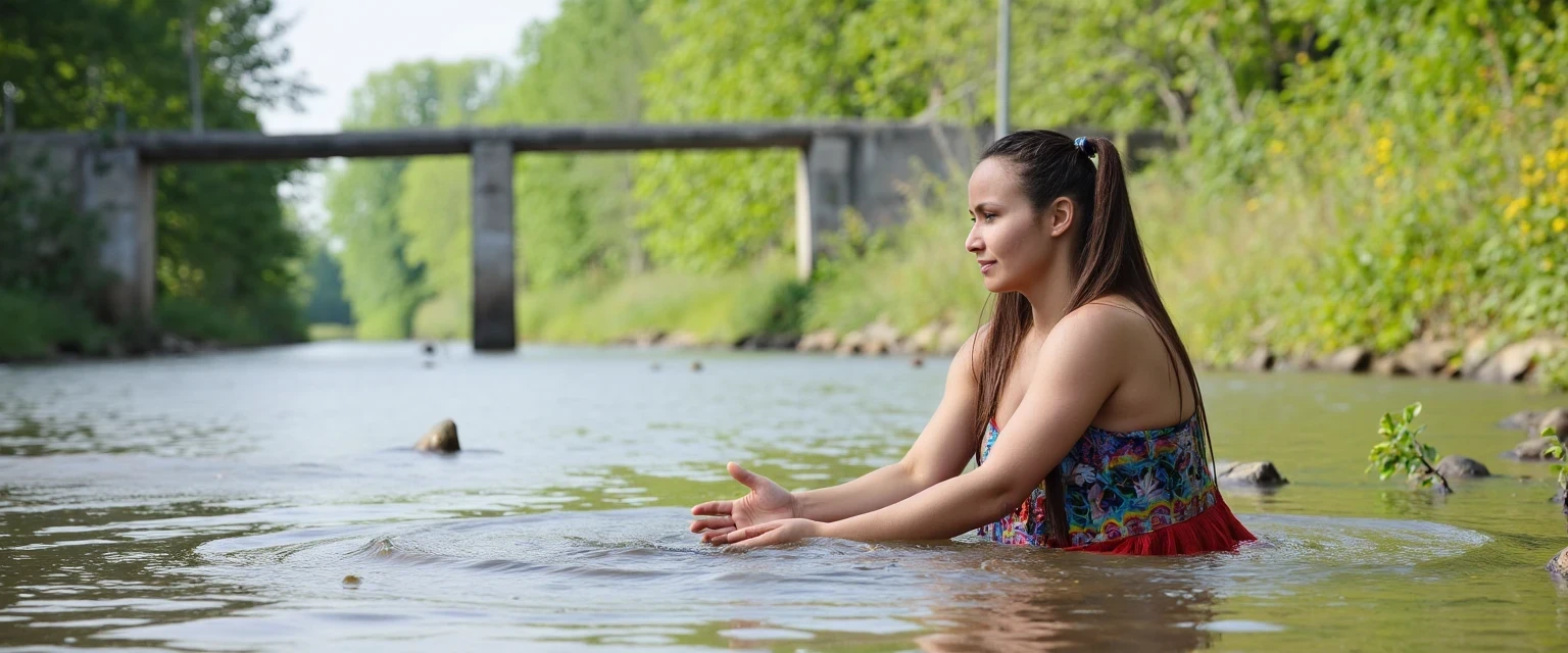 photo of woman CSTMDL, a medium shot photo of a native American woman washing in a river, 