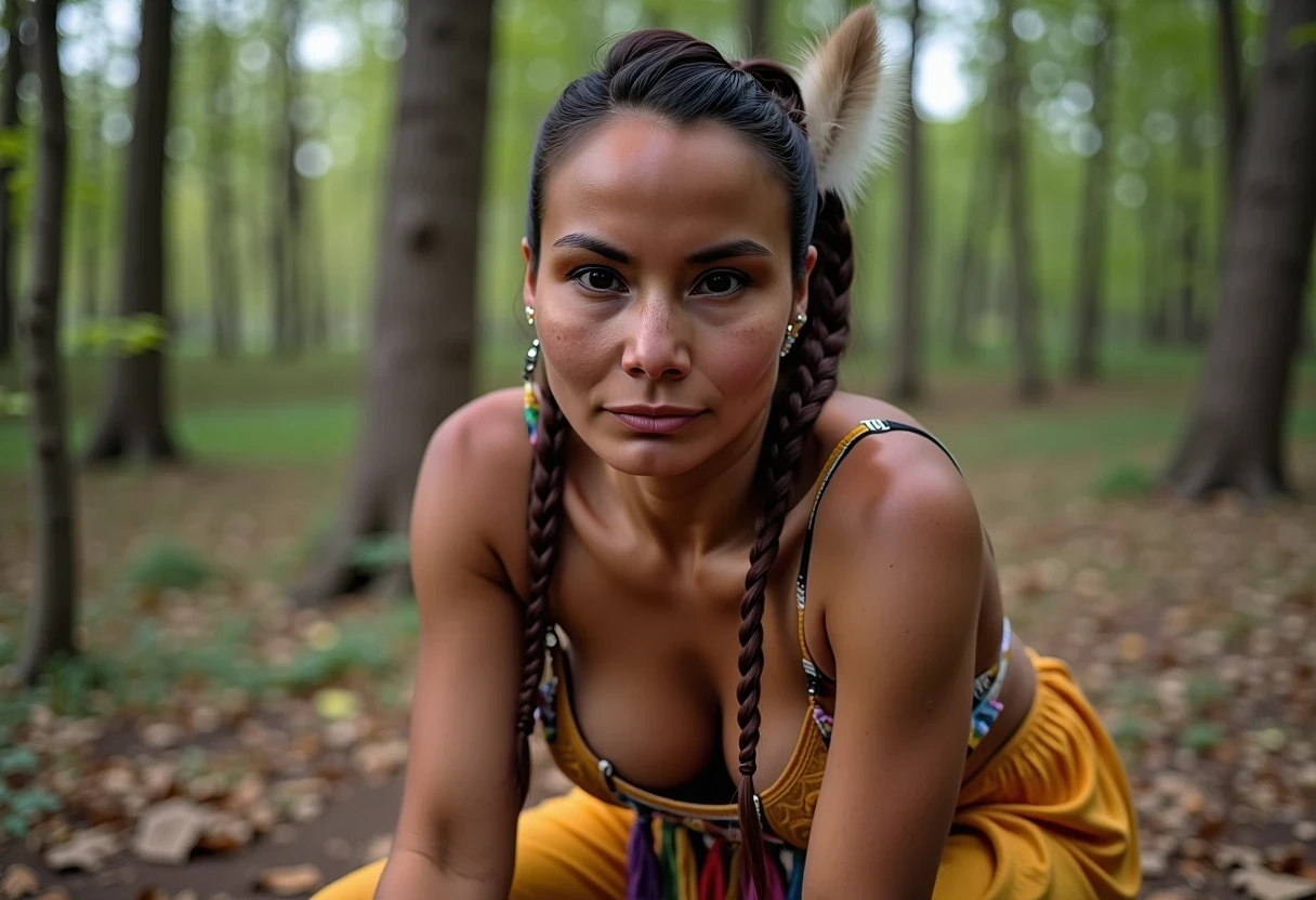 A medium shot photo of woman CSTMDL, a 25-year-old native American woman. The woman who is Native American in appearance has light tan skin tone, she is tall with a petite slender skinny build, petite small boobs, flat chest, her nipples are small petite and dark skinned with long hard pointy nipple ducts that visiblly poke through her bra. She is wearing her hair in a native American style with 2 long braids. She is wearing a sexy native American smoked hide outfit in a golden yellow color, tied to a tree in a wooded area she is bent over on all fours her bum lifted up on the ground, she is tied to a tree, She is maintaining intense eye contact with the camera staring stoically without any other expression at all. The composition captures a casual, candid moment, romantic setting, Hyper realism, captured with a nikon d850, 16k, uhd, ultra-sharp focus, depth of field, perfect meshes and textures, highly detailed, highly accurate reflections, volumetric fog, volumetric lighting, volumetric light, hdr, ray tracing, cinematic shooting style,